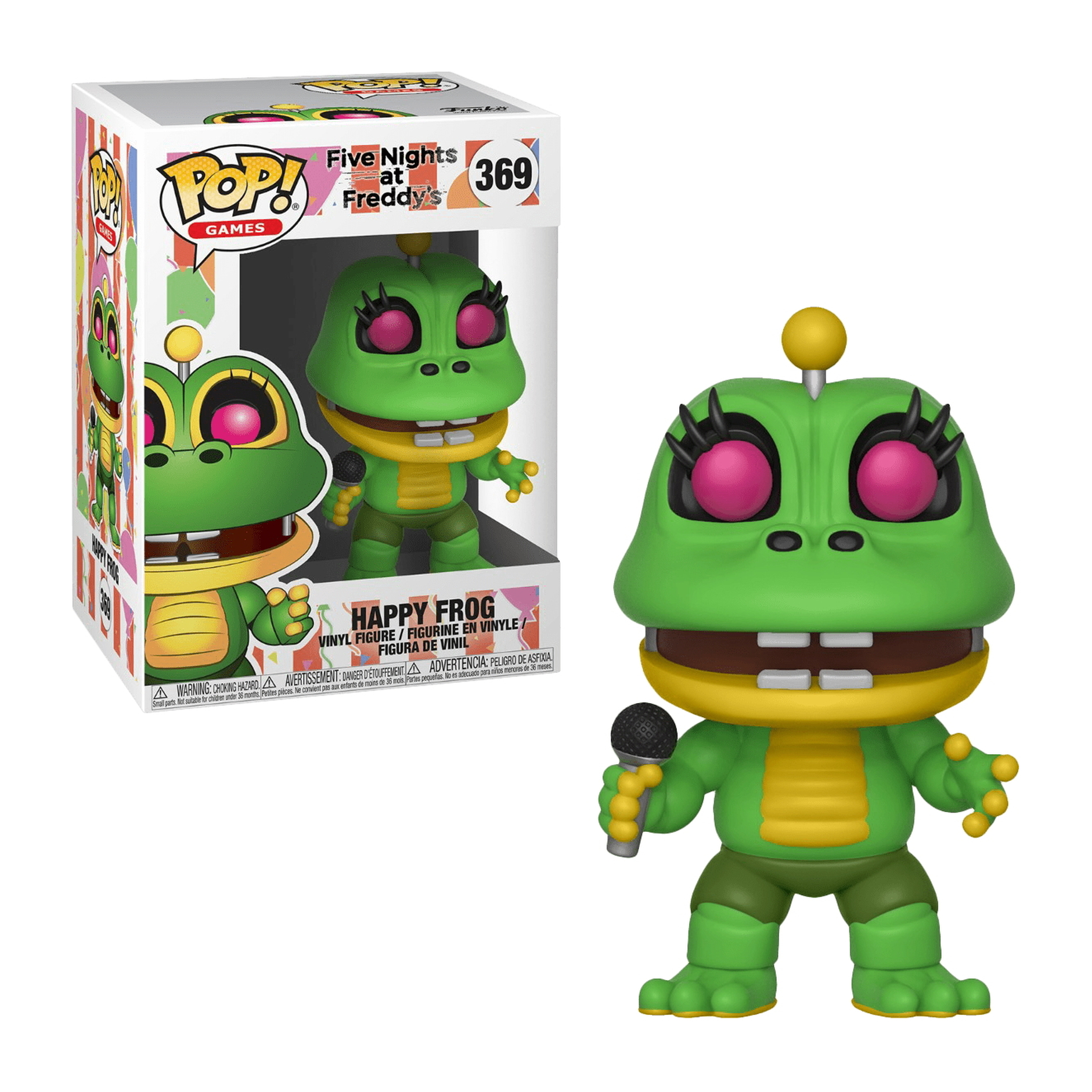 Figurka Happy Frog, zielone ciało z żółtymi akcentami, trzymająca mikrofon, z żółtą anteną.