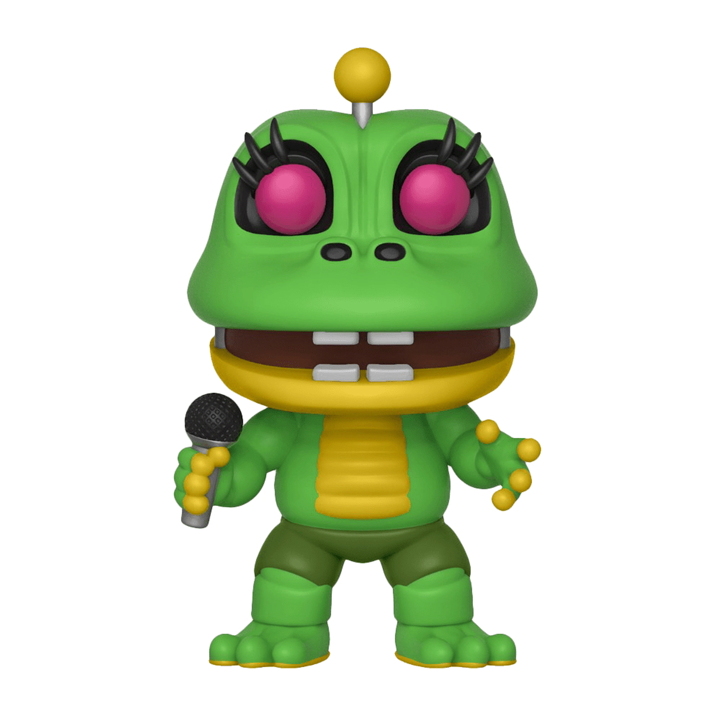 Zabawka potwora przypominającego żabę z mikrofonem, zieloną skórą, różowymi oczami i żółtą ozdobą głowy.