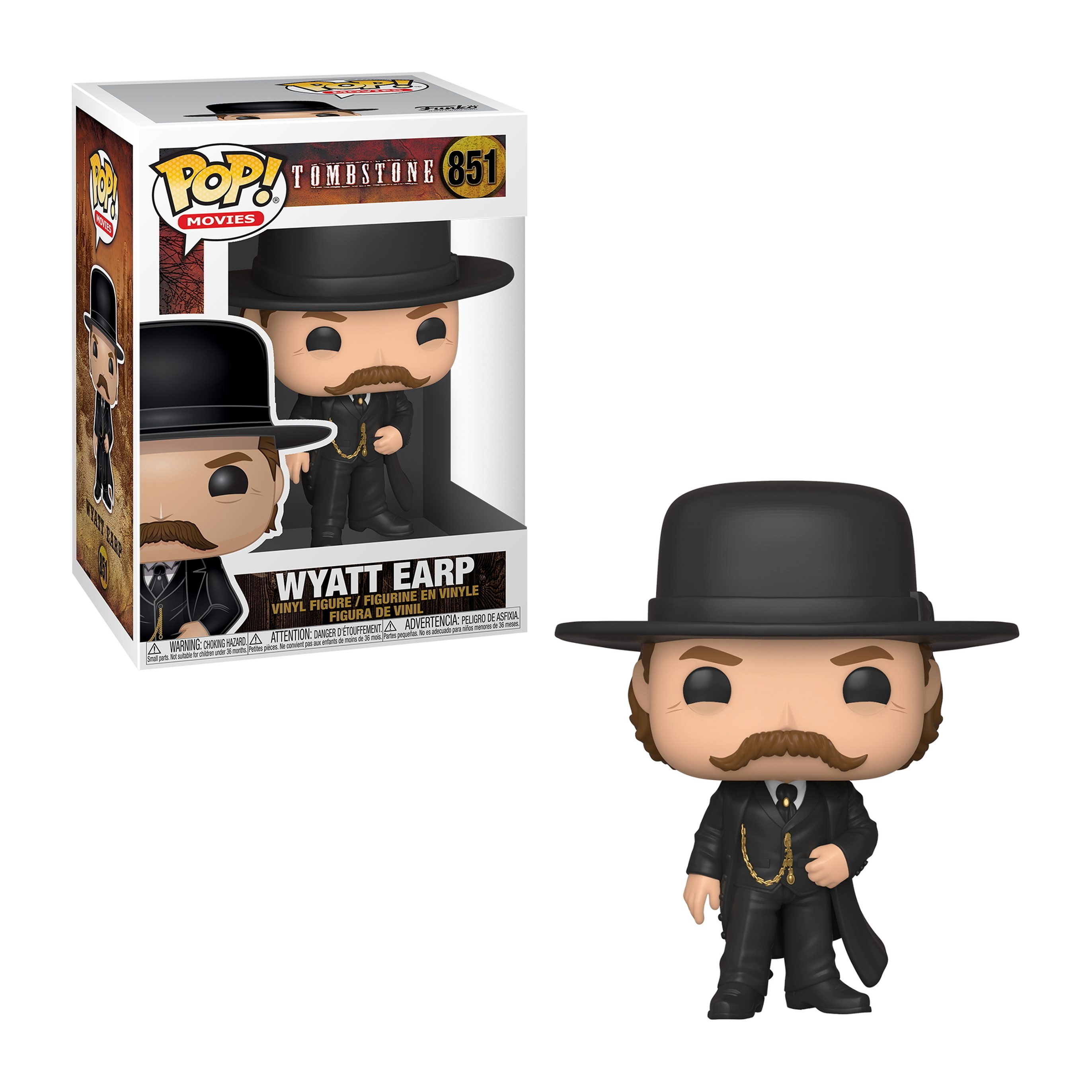 Figurka Wyatta Earpa w czarnym garniturze i kapeluszu z wąsami i trzymająca zegarek kieszonkowy.