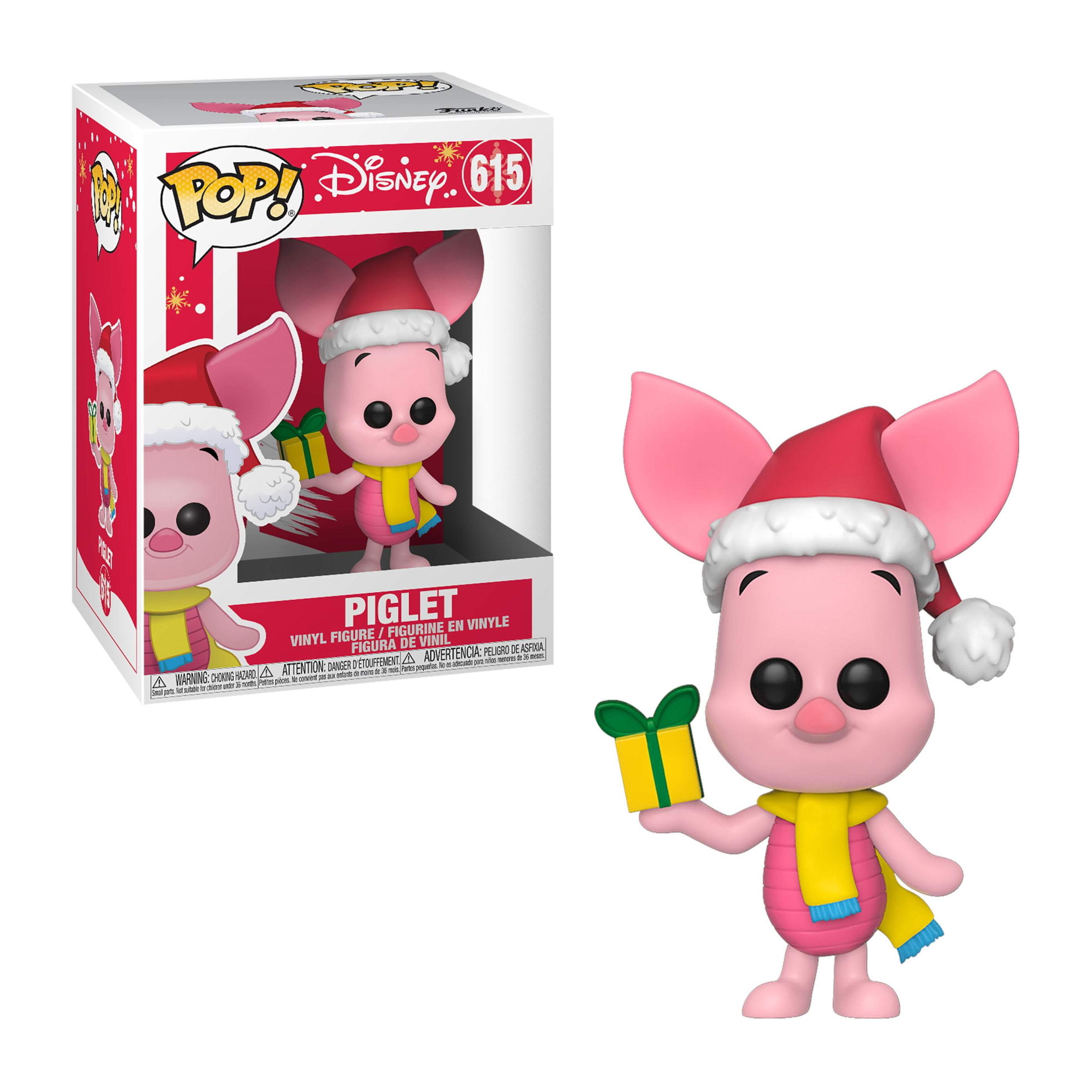 Figura Funko Pop di Pimpi, che tiene un regalo, con un cappello da Babbo Natale e una sciarpa gialla.