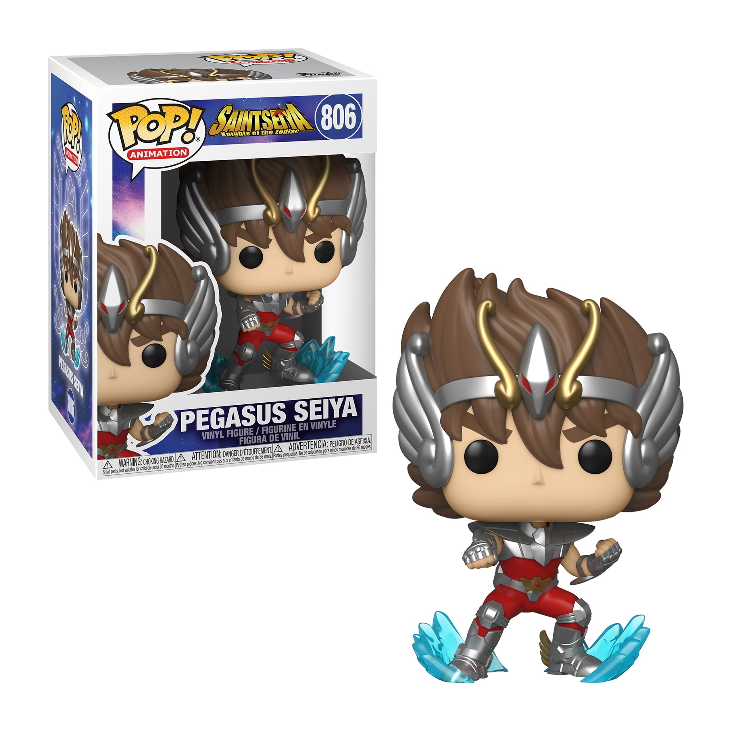 Pegasus Seiya Figur in Rüstung und Helm. Verpackt. Figur mit erhobenen Armen.