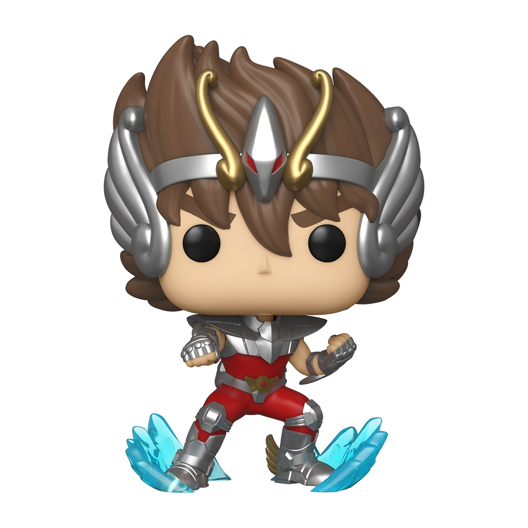 Saint Seiya Figur. Anime-Figur in silberner Rüstung, blaue Energie um die Füße.