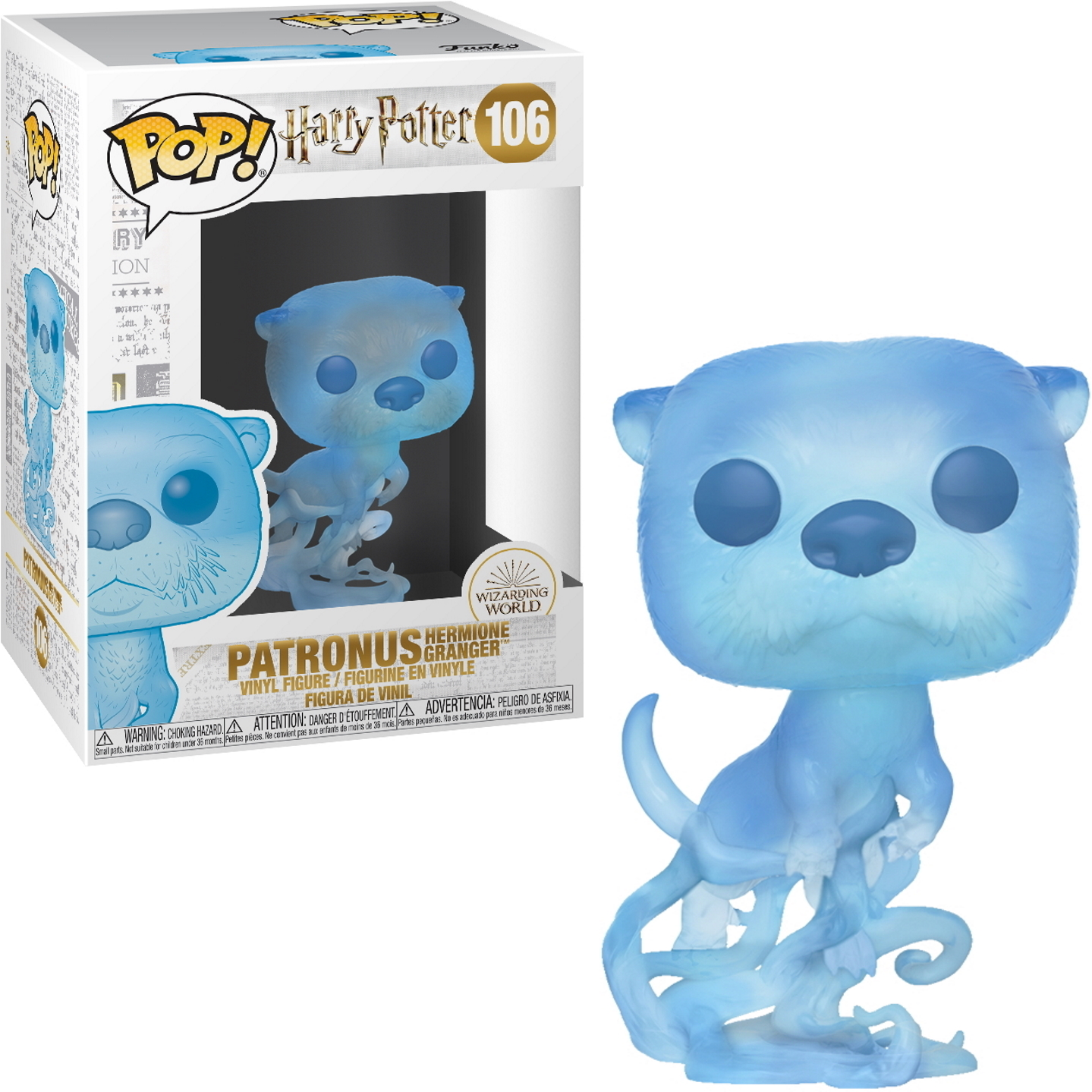 Eine durchscheinende blaue Otter-Patronus-Figur aus Harry Potter, mit Box im Hintergrund.
