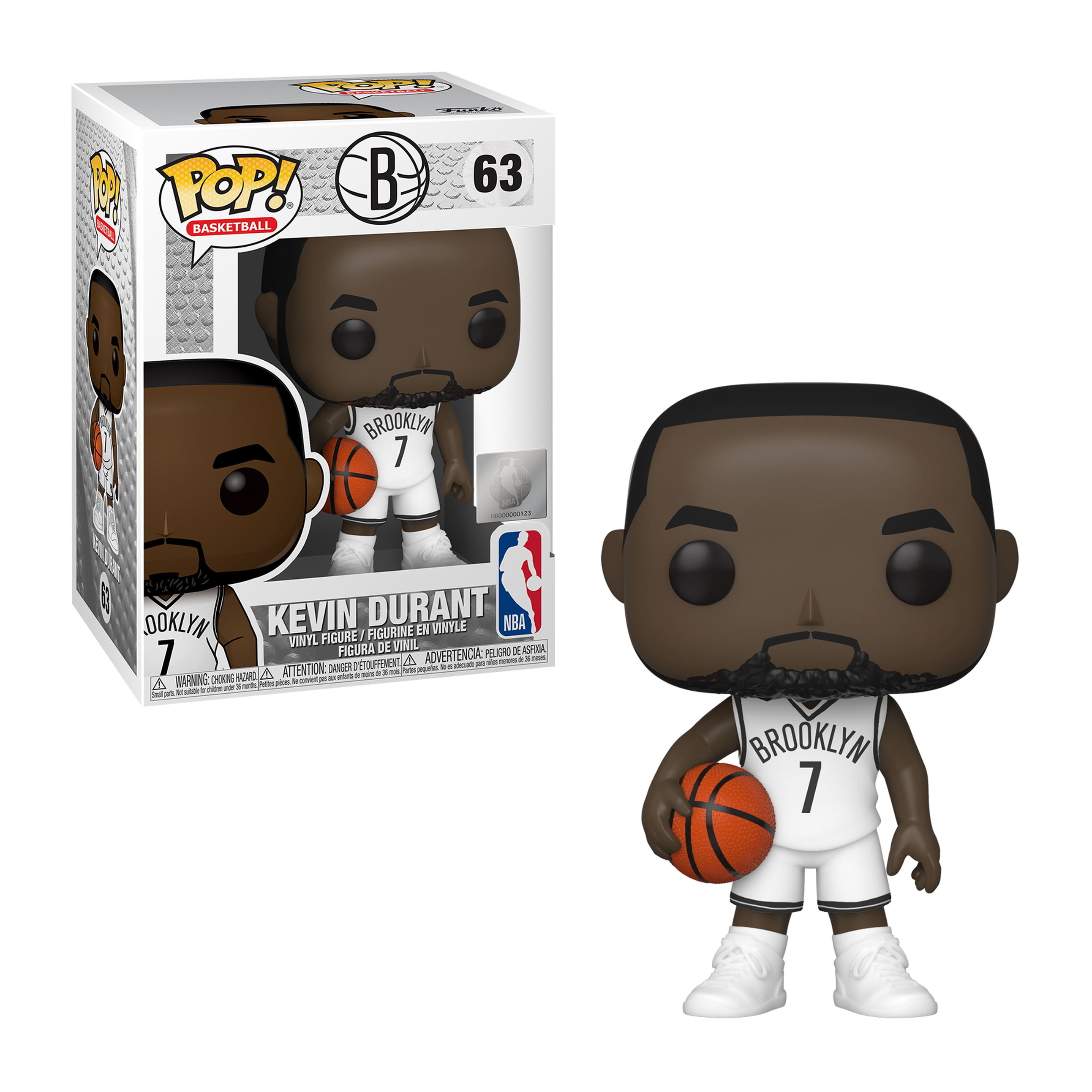 Kevin Durant Funko Pop Figur, hält einen Basketball, trägt ein weißes Trikot und Shorts. Box enthalten.