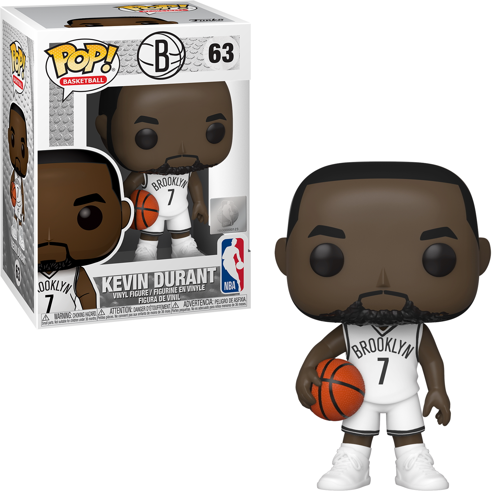 Kevin Durant Figur. Er trägt ein Brooklyn Nets Trikot und hält einen Basketball. Schwarzer Bart und weiße Schuhe.