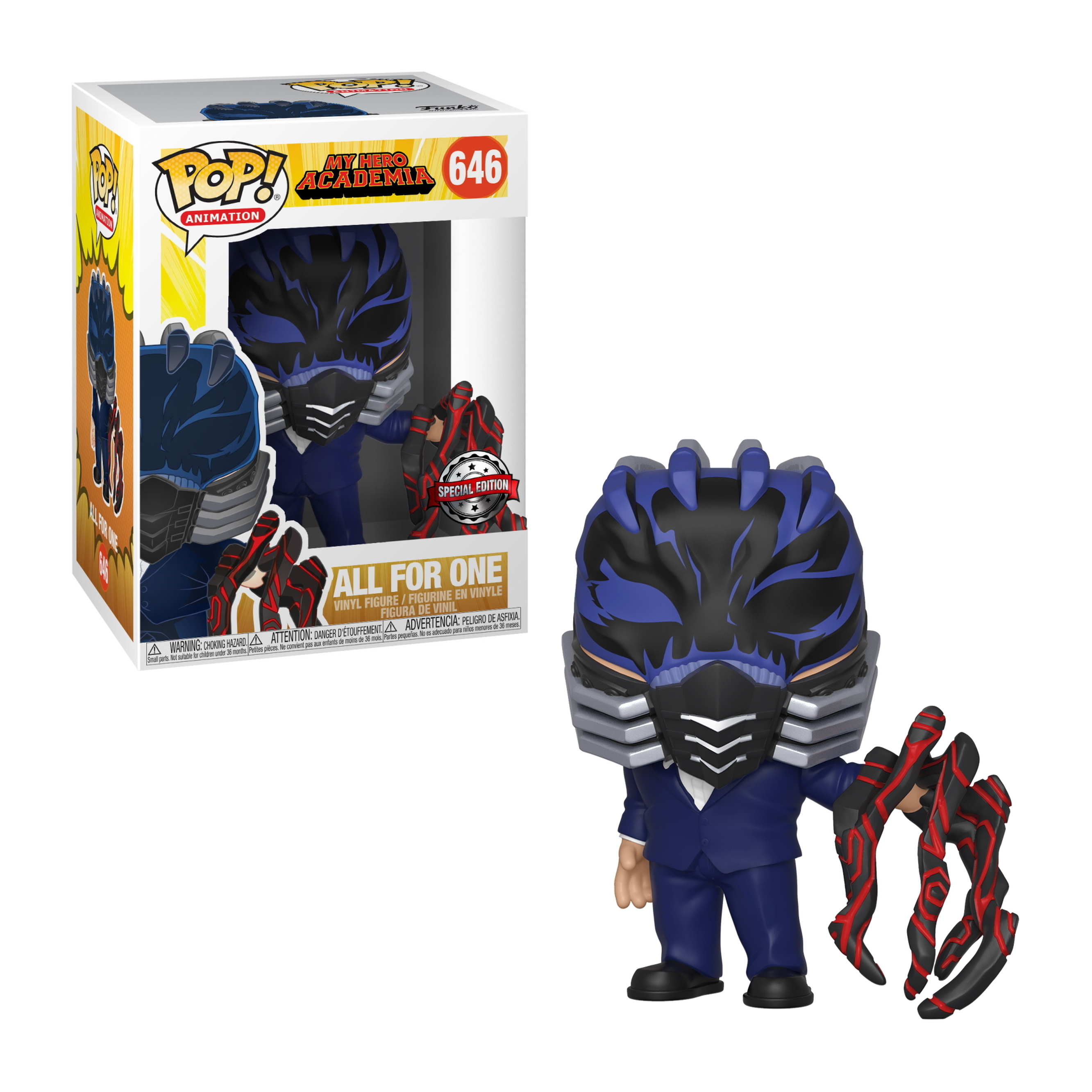 All For One Pop-Figur mit Maske und Hand. Schwarz-blaue Maske und Anzug. Rote Hand.