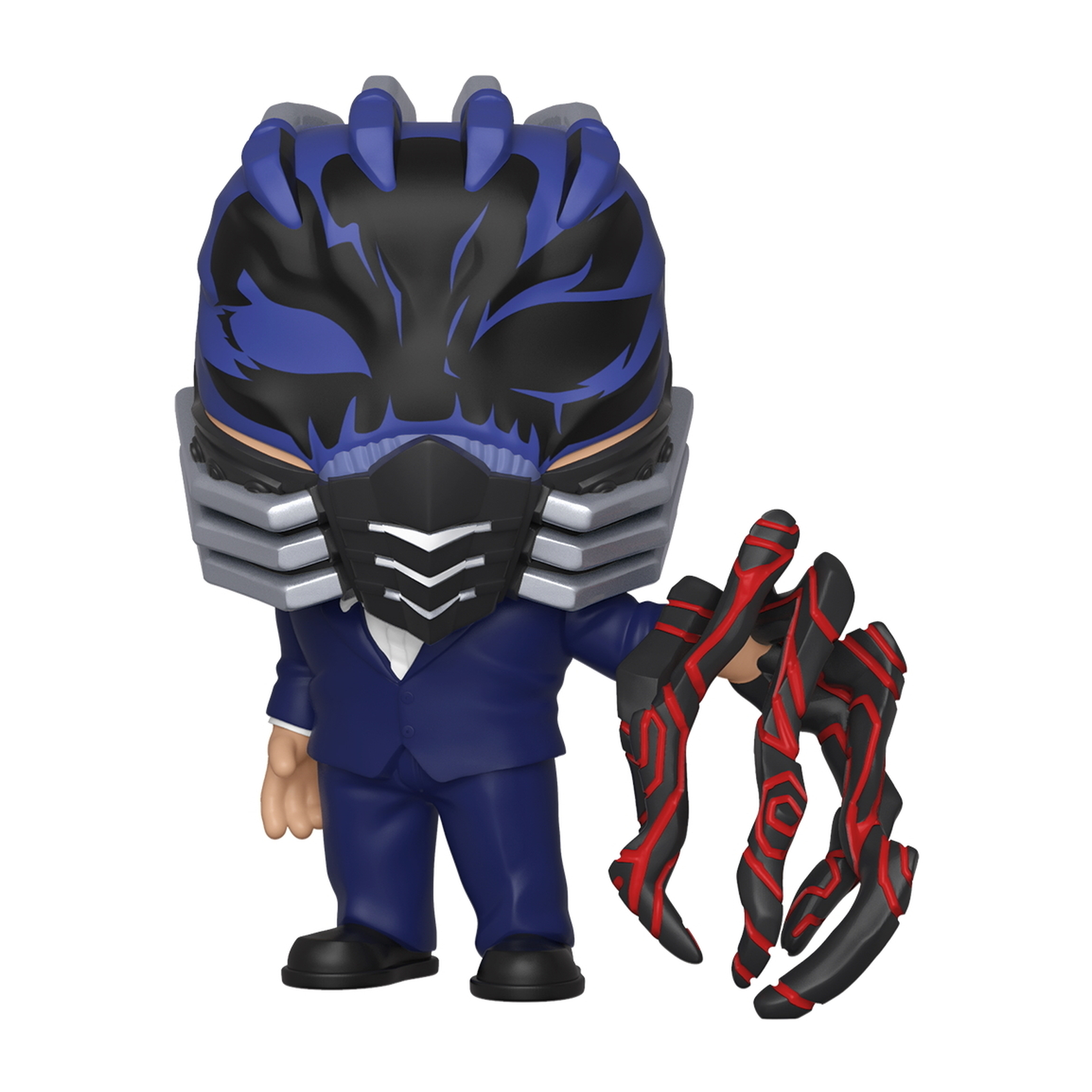 Schurkenfigur mit blauem Anzug, Maske und roten klauenartigen Händen, stehend, mit Box.