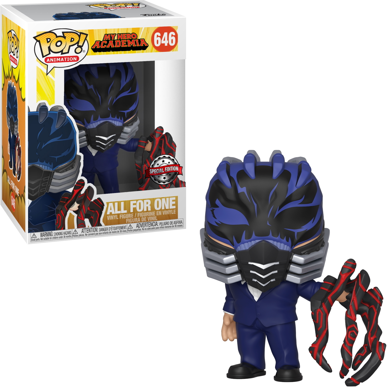 Funko Pop, All For One Figur, trägt Maske, im Anzug.