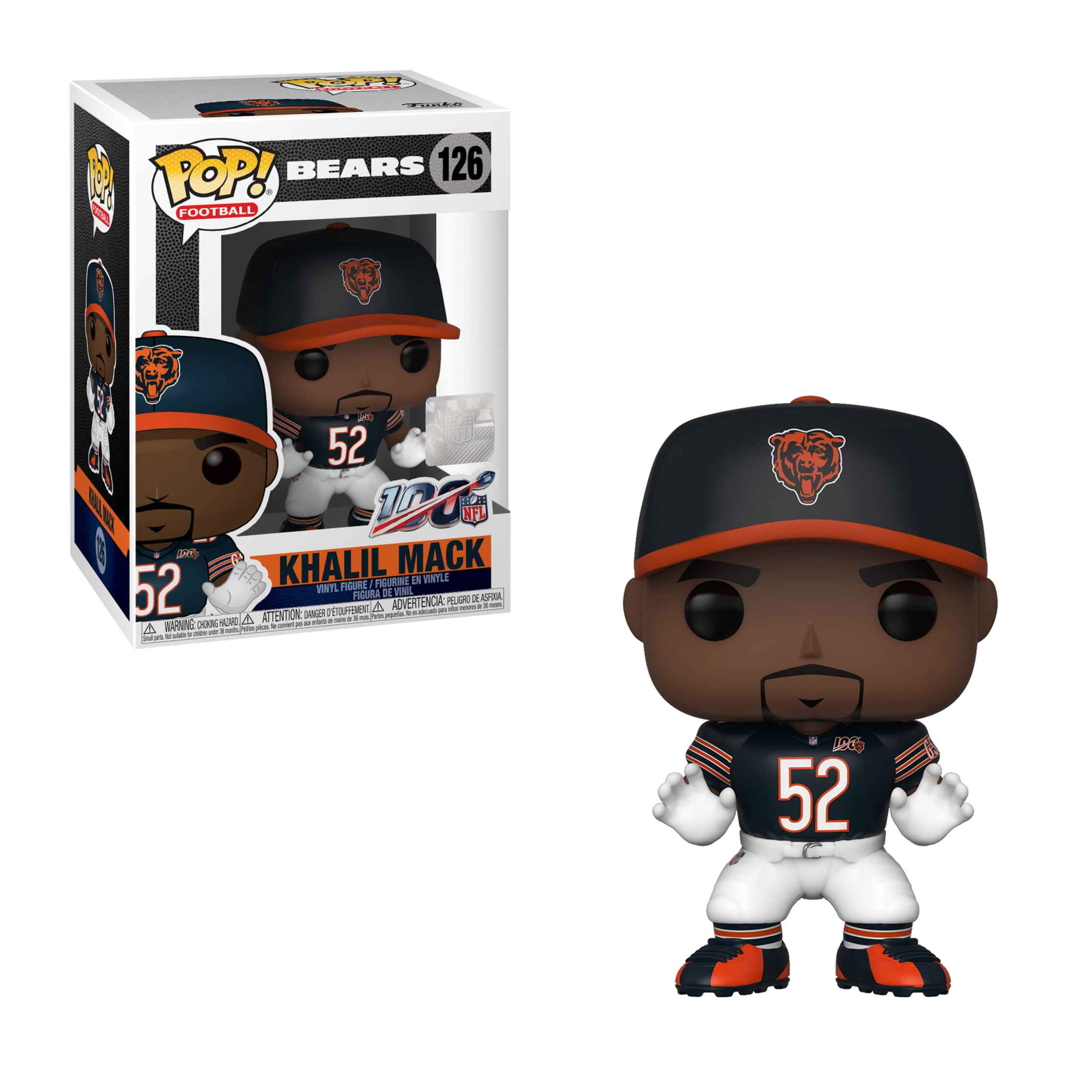 Khalil Mack Bears Funko Pop Figur. Bears-Uniform, schwarze Kappe. Nummer 52 auf dem Trikot. Weiße Handschuhe.