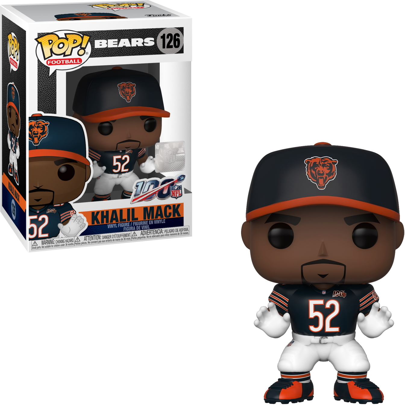 Khalil Mack Funko Pop Figur. Bears Football-Trikot, schwarzer Hut. Nummer 52 auf dem Trikot.