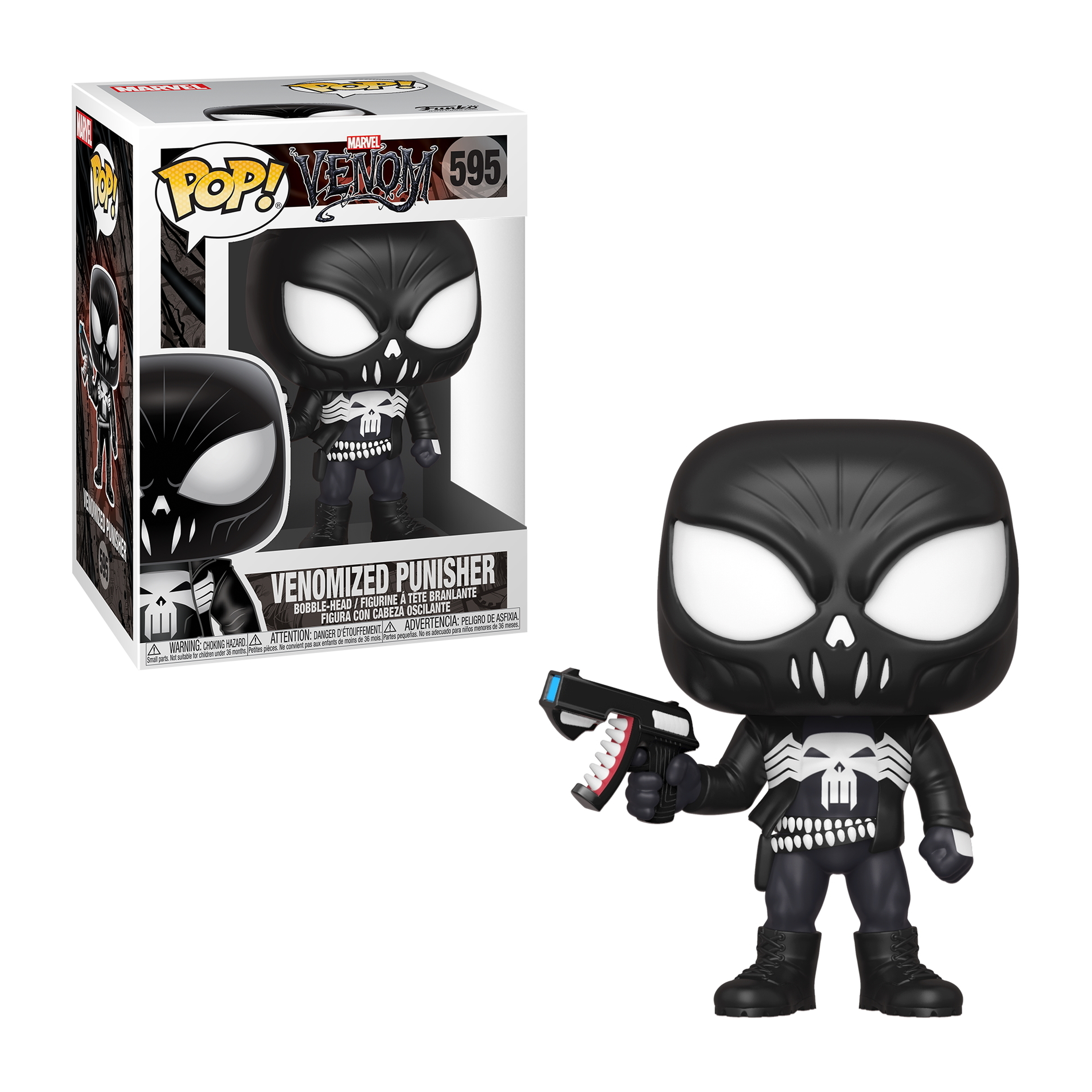 Figura di Punisher Venomizzato Funko Pop, faccia a teschio nero, tiene una pistola. La scatola mostra la figura.