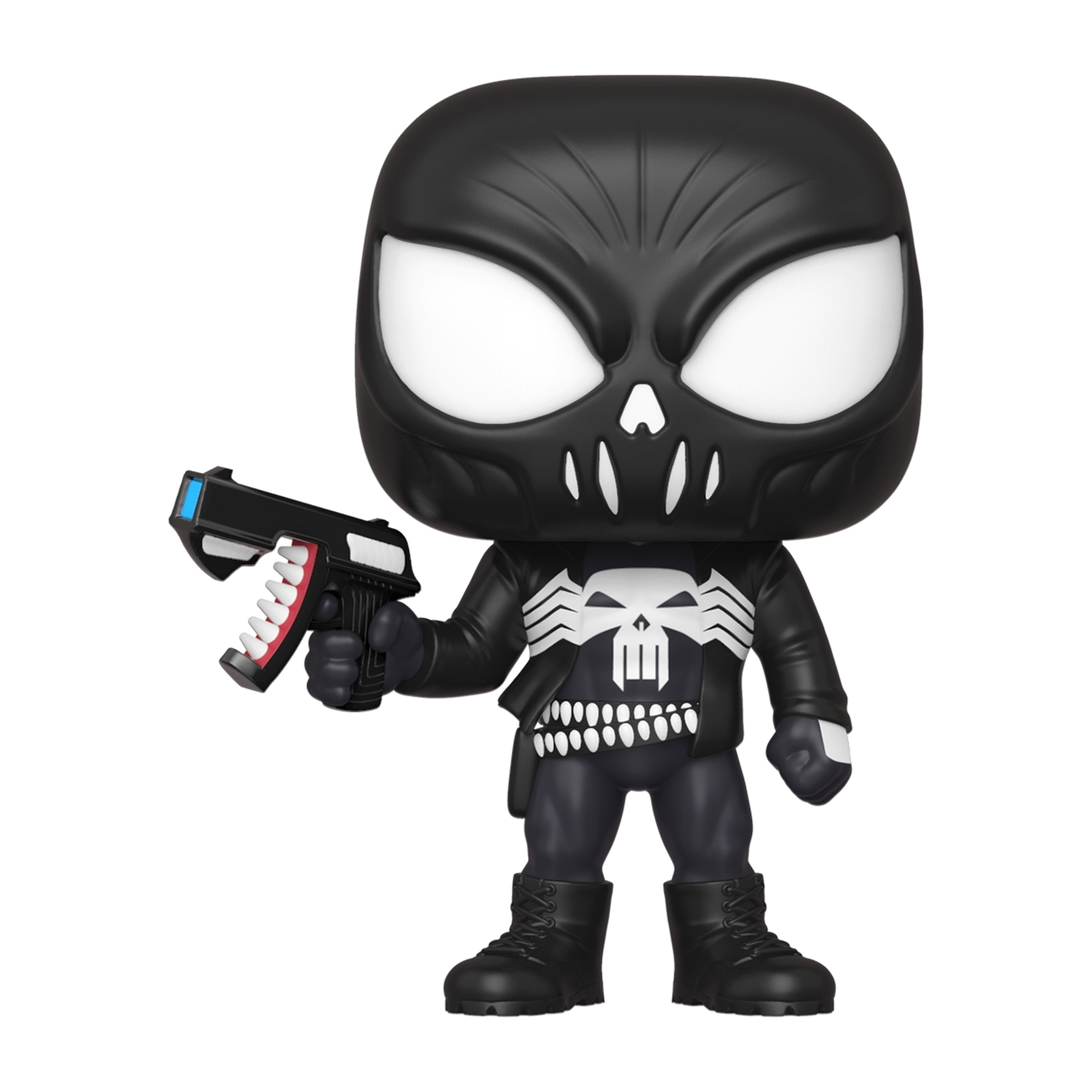Figurina di Punisher in bianco e nero che tiene una pistola.