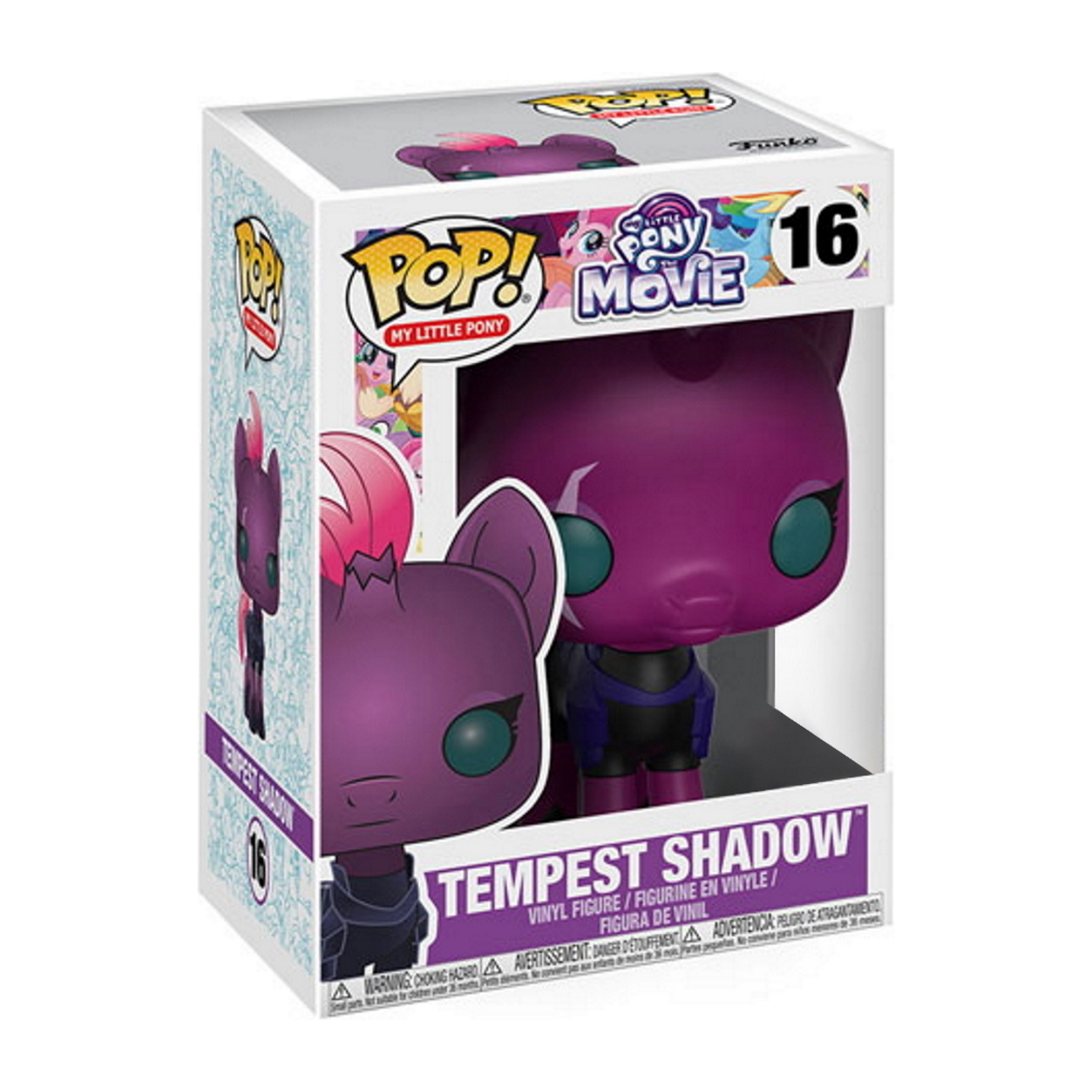 Figur von Tempest Shadow in einer Box. Es ist ein lila Pony mit einer rosa Mähne und dem Text 'Tempest Shadow' auf der Box.