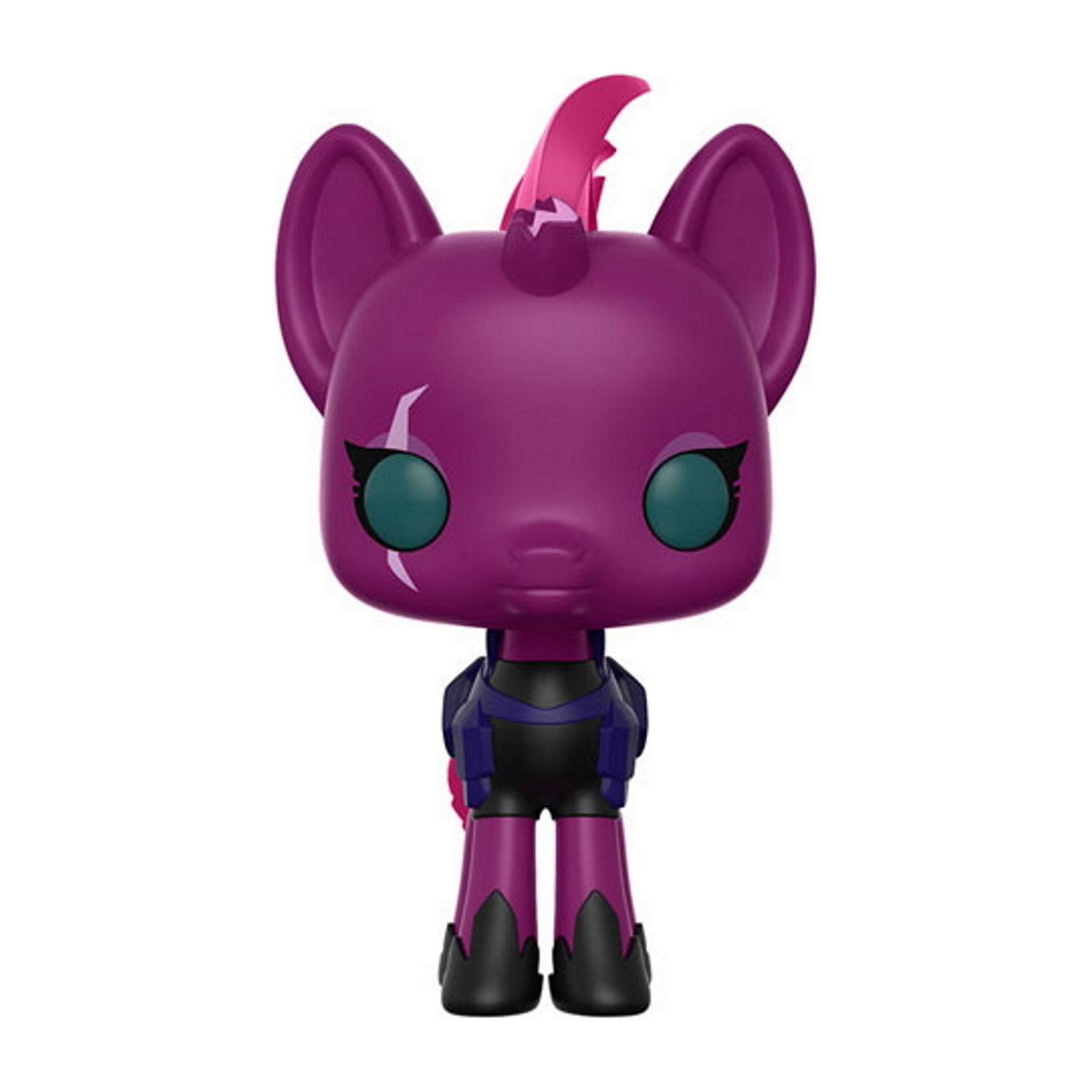 Funko Pop eines lila Ponys mit rosa Mähne. Es hat grüne Augen und trägt Rüstung.