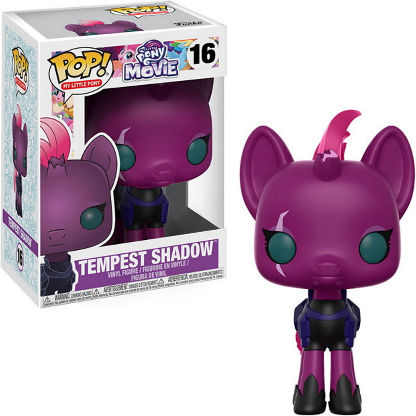 Tempest Shadow Figur, lila Pony mit rosa Mähne und Horn. Stehende Pose, in einer Box mit Text.