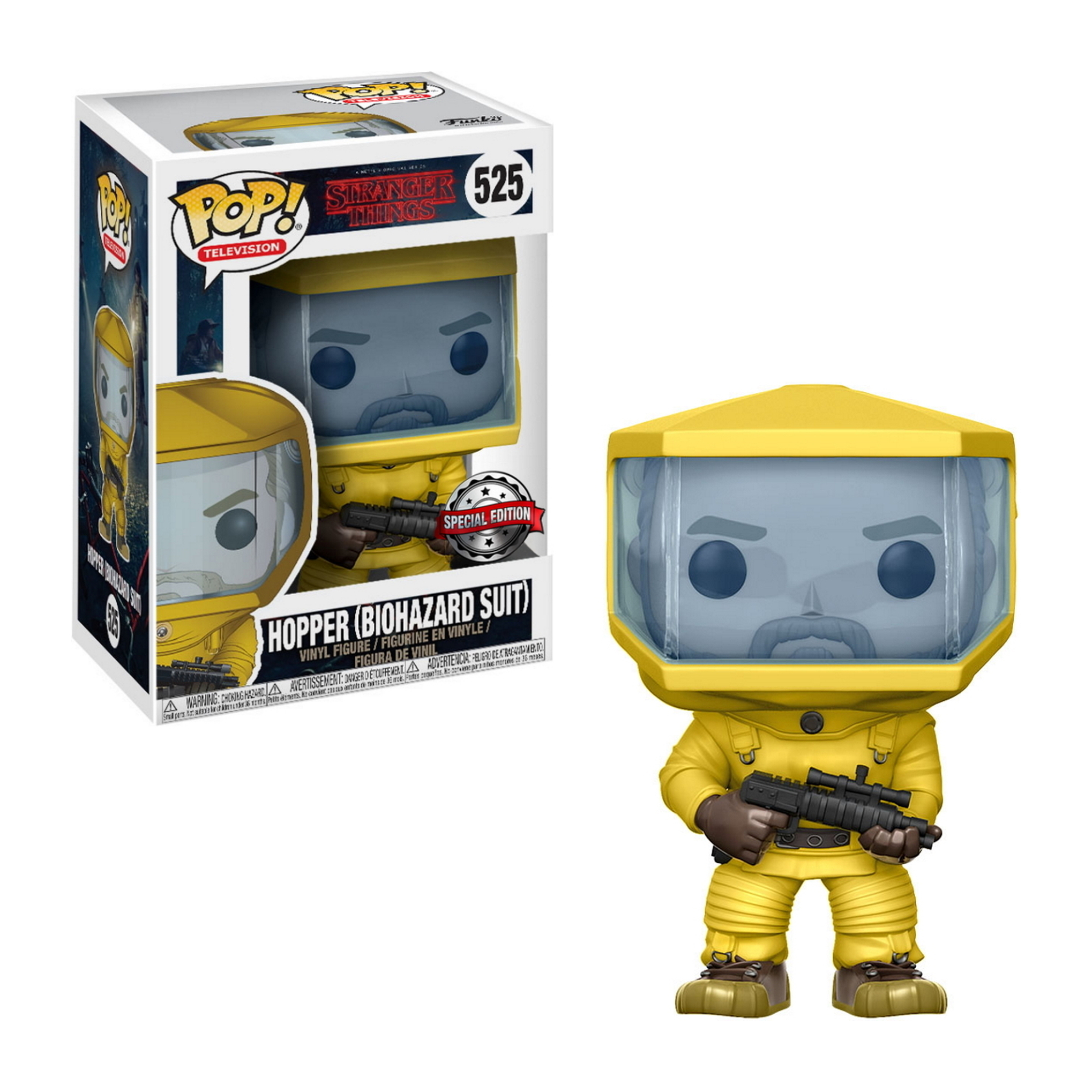Eine Funko Pop Figur von Hopper aus Stranger Things, in gelbem Schutzanzug, mit Box.