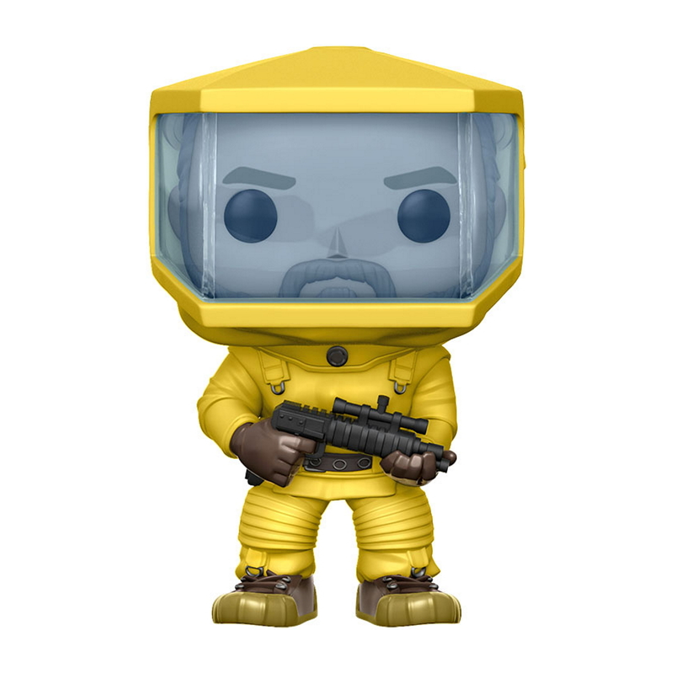 Hazmat Anzug Funko Pop Figur, gelber Anzug mit Helm und einer Pistole. Es ist in einer Box.