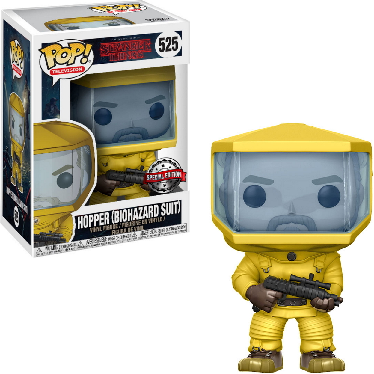 Hopper (Biohazard-Anzug) Funko Pop Figur in gelbem Schutzanzug, hält eine Waffe, mit Box.