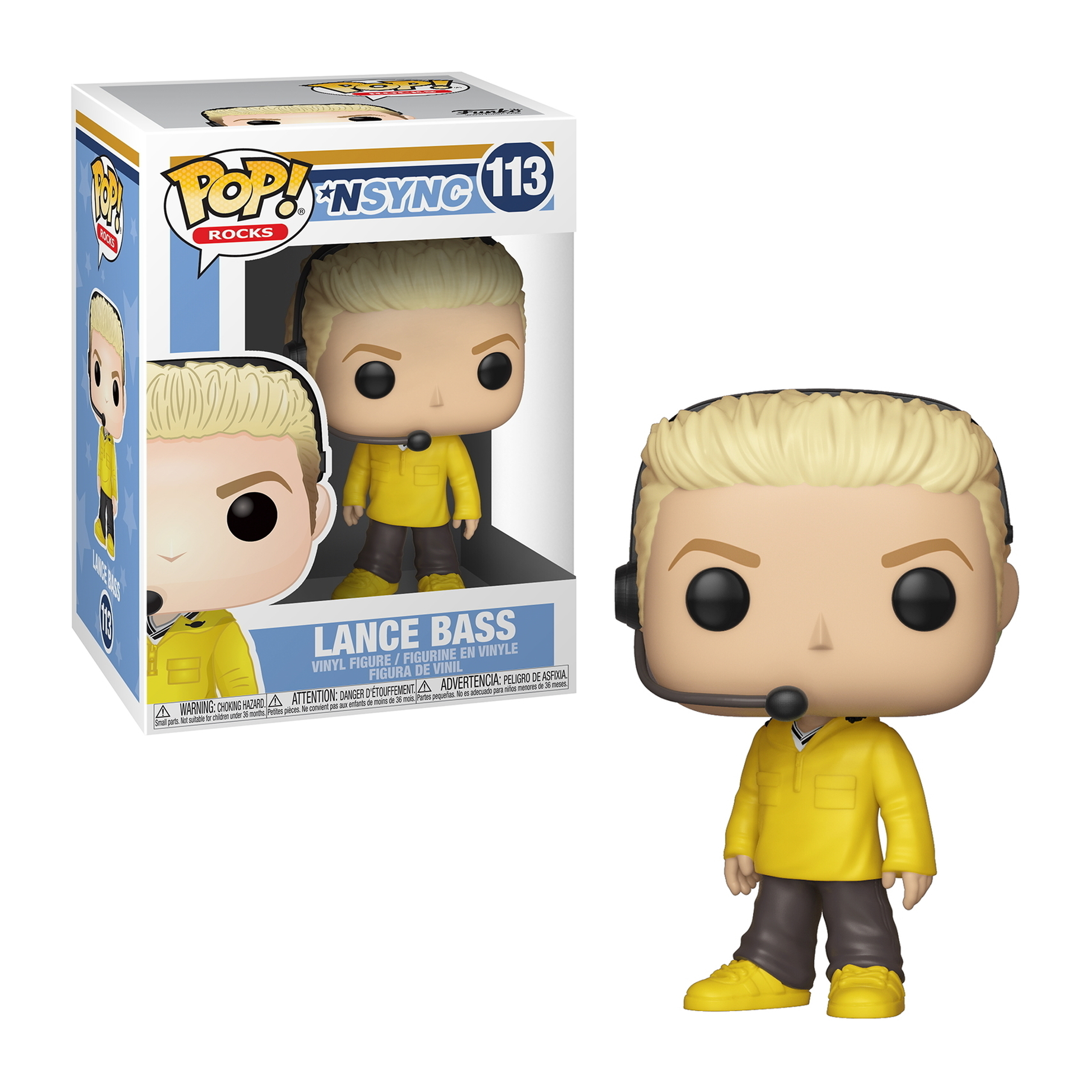 Eine Funko Pop Figur von Lance Bass von *NSYNC, trägt gelbe Jacke und Headset.