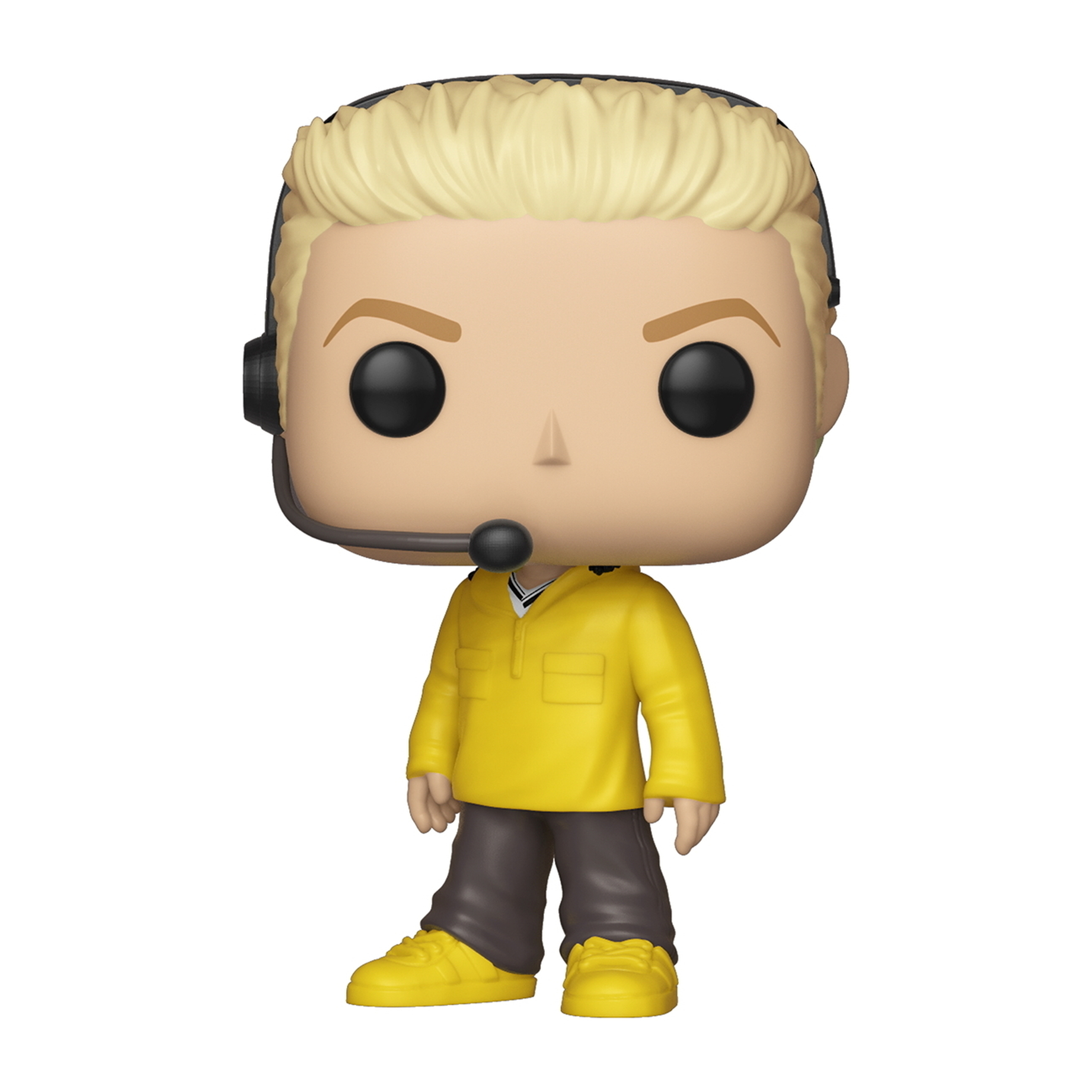 Funko Pop Figur eines Mannes mit blonden Haaren, Headset und gelbem Hemd.