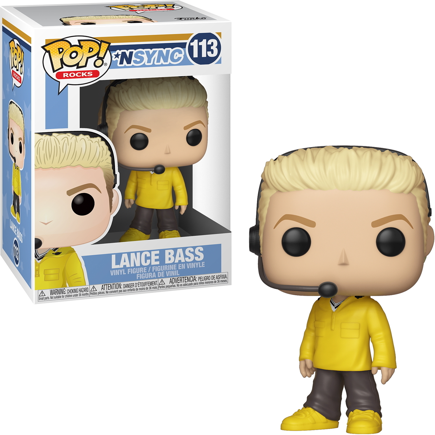 Funko Pop Figur von Lance Bass, der eine gelbe Jacke und ein Headset trägt. Eine Box im Hintergrund.