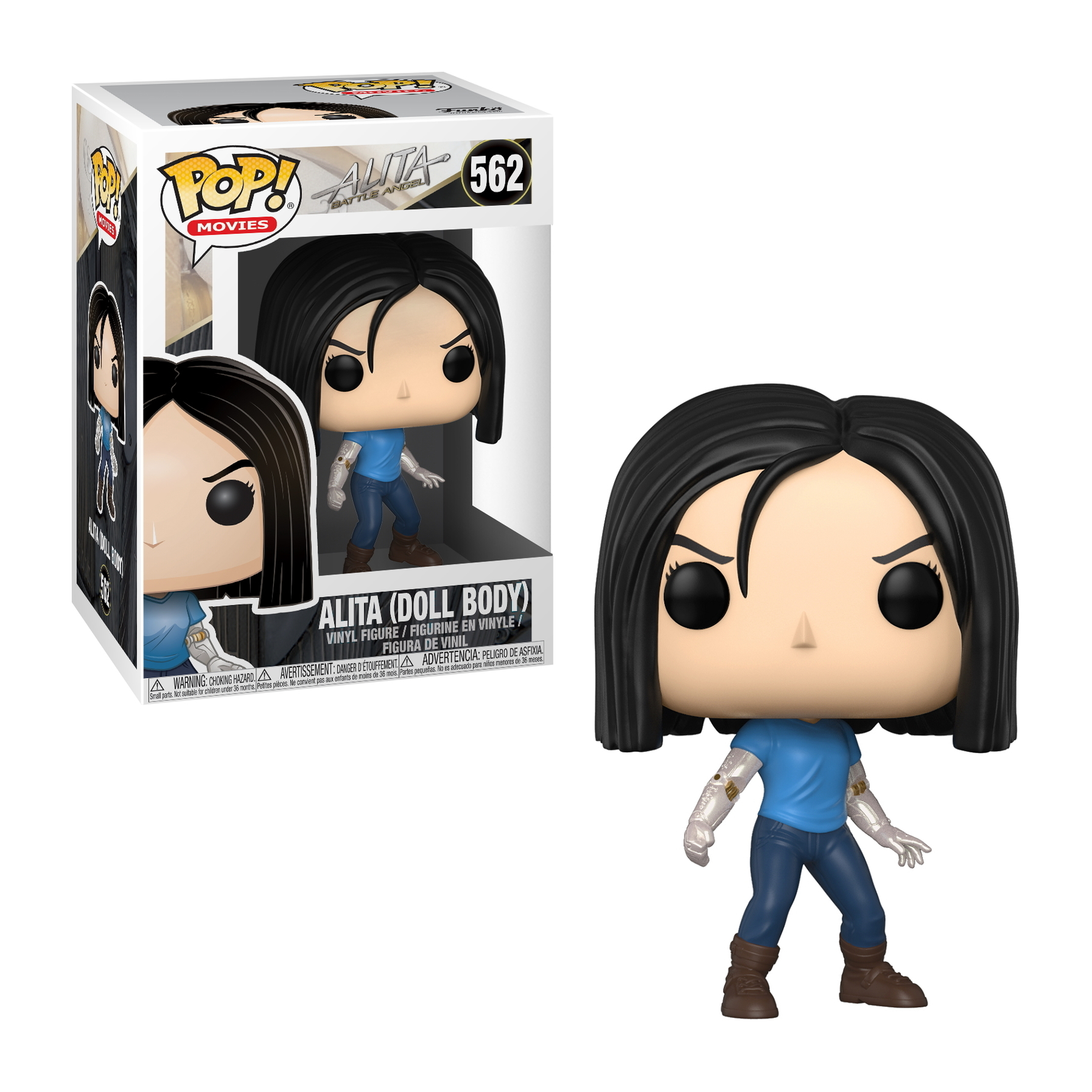 Alita (Doll Body) Funko Pop Figur. Sie trägt ein blaues Hemd und Jeans. Die Figur hat Roboterarmteile.