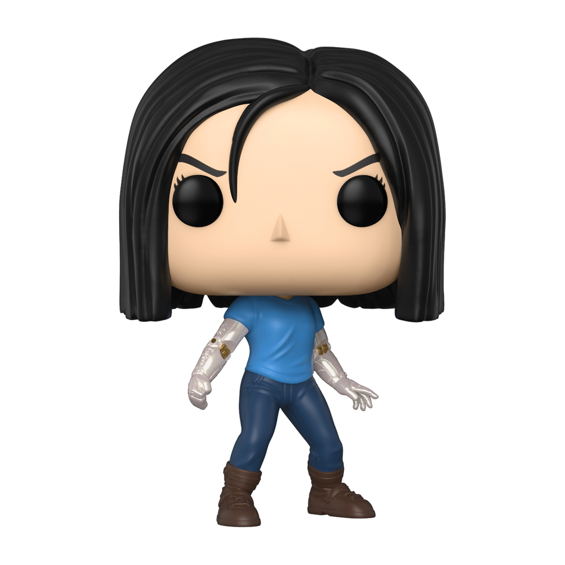 Alita-Figur mit schwarzen Haaren, blauem Hemd, Jeans und Roboterarmen.