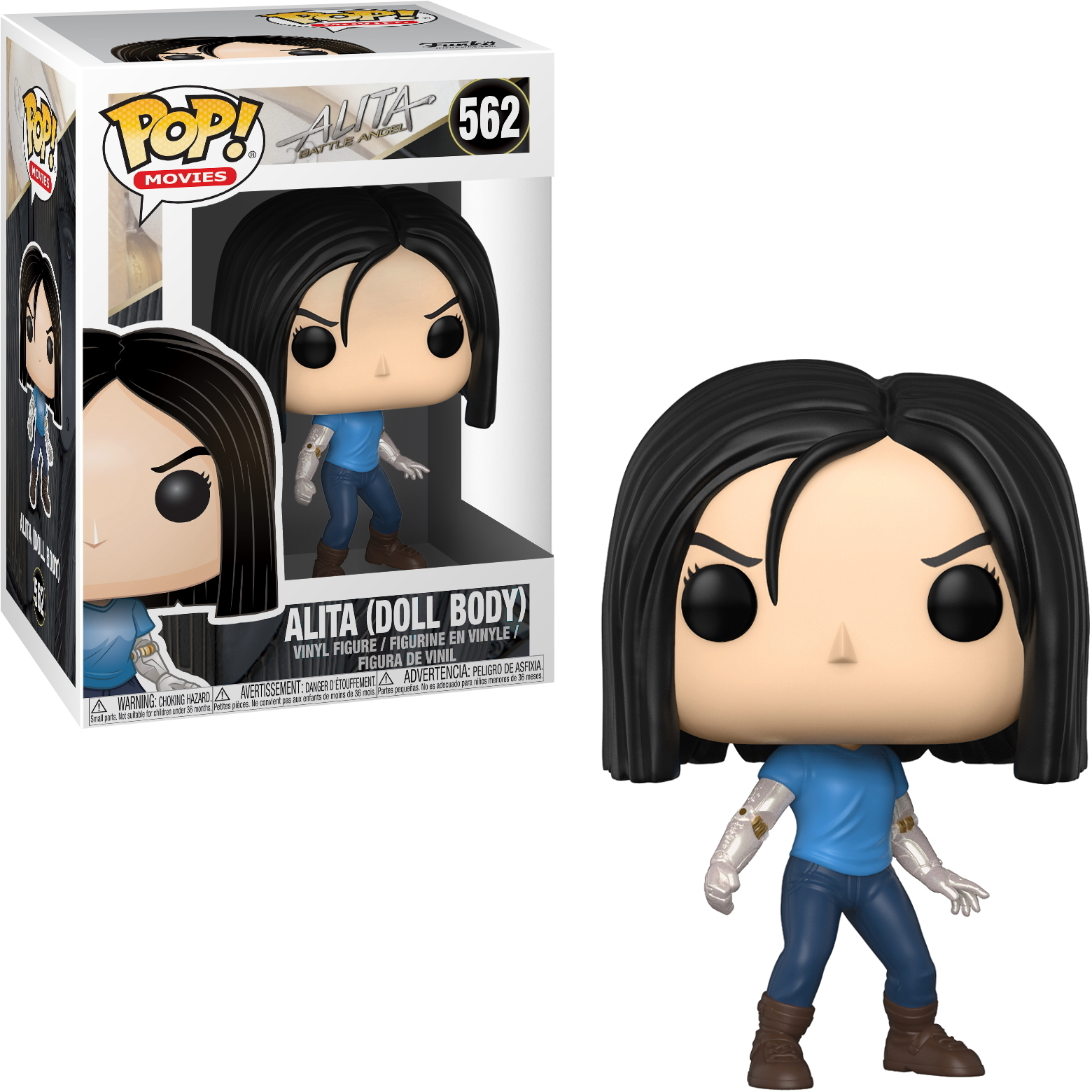 Alita (Puppenkörper) Funko Pop Figur, mit schwarzen Haaren und mechanischen Armen, trägt ein blaues Hemd.