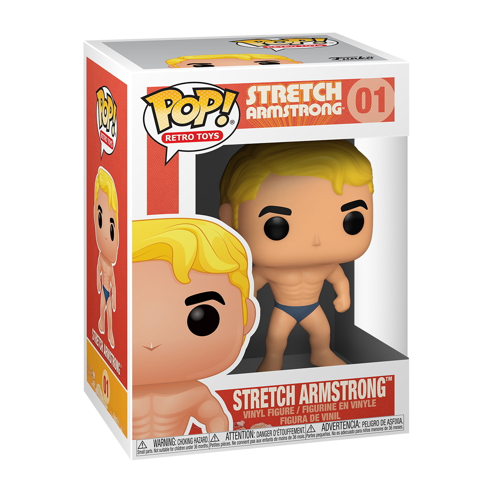 Figura Funko Pop di Stretch Armstrong in scatola, con pantaloncini blu.