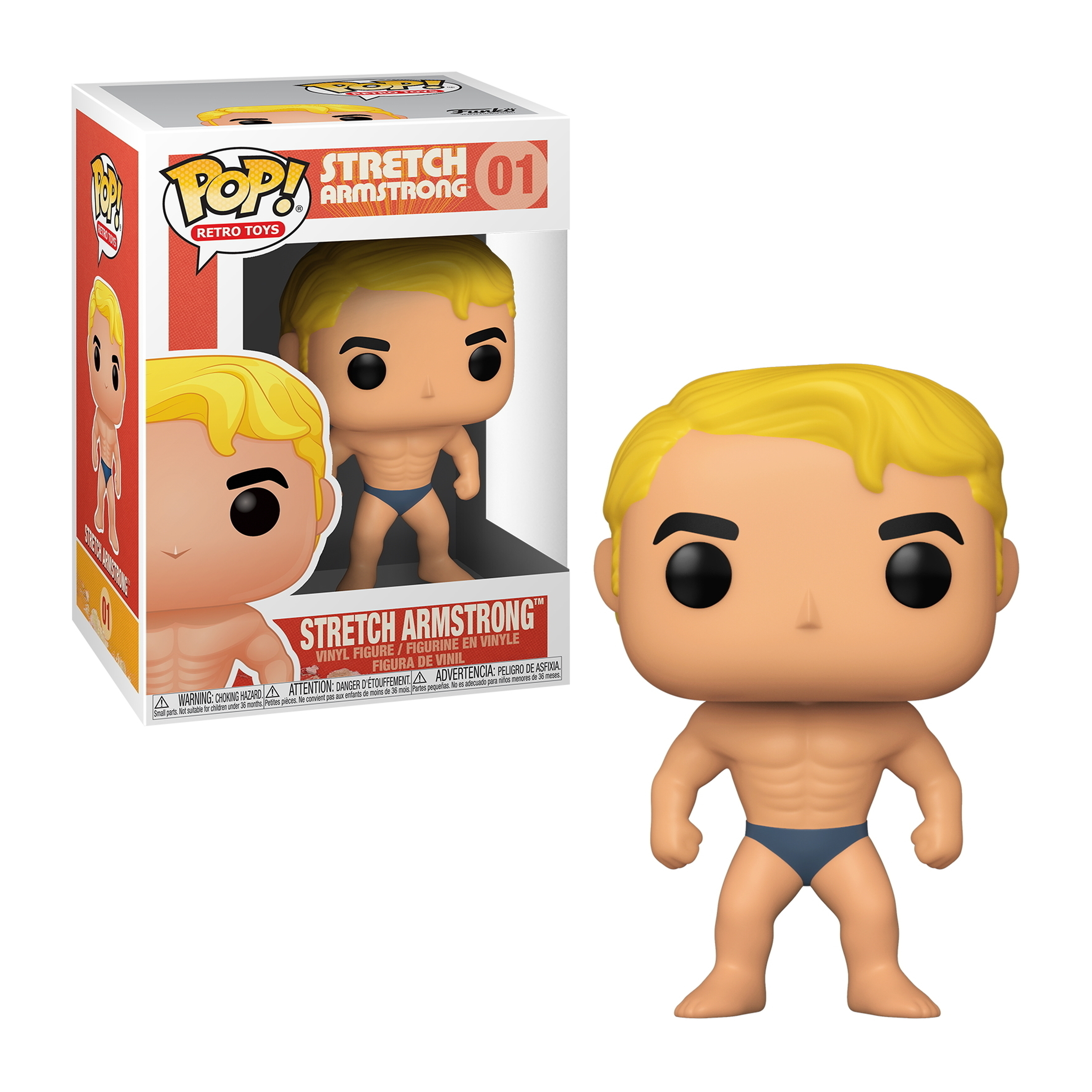 Figura Funko Pop di Stretch Armstrong in slip blu, capelli biondi, scatola.