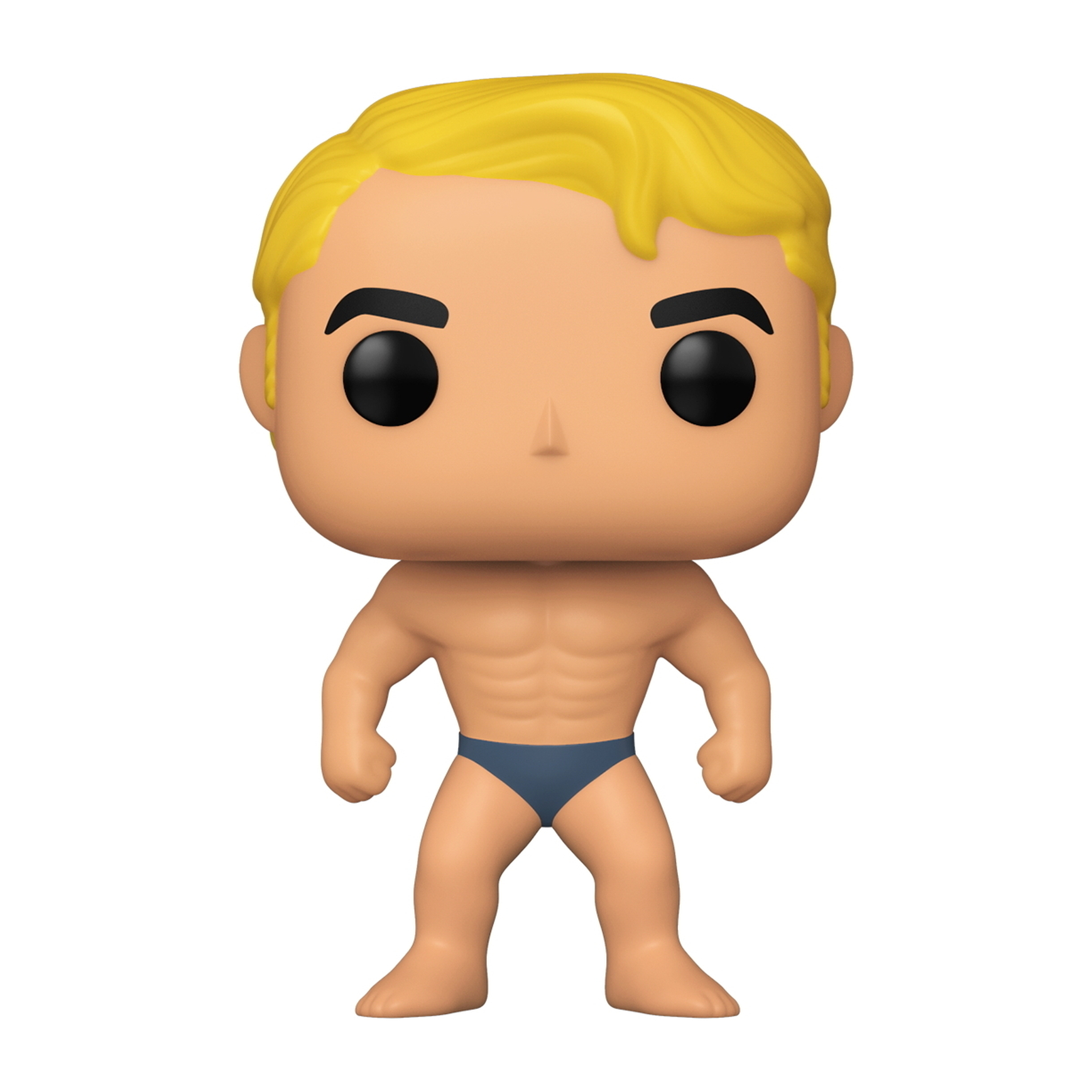 Una figura di uomo muscoloso senza maglietta con slip blu, con capelli biondi e carnagione abbronzata.