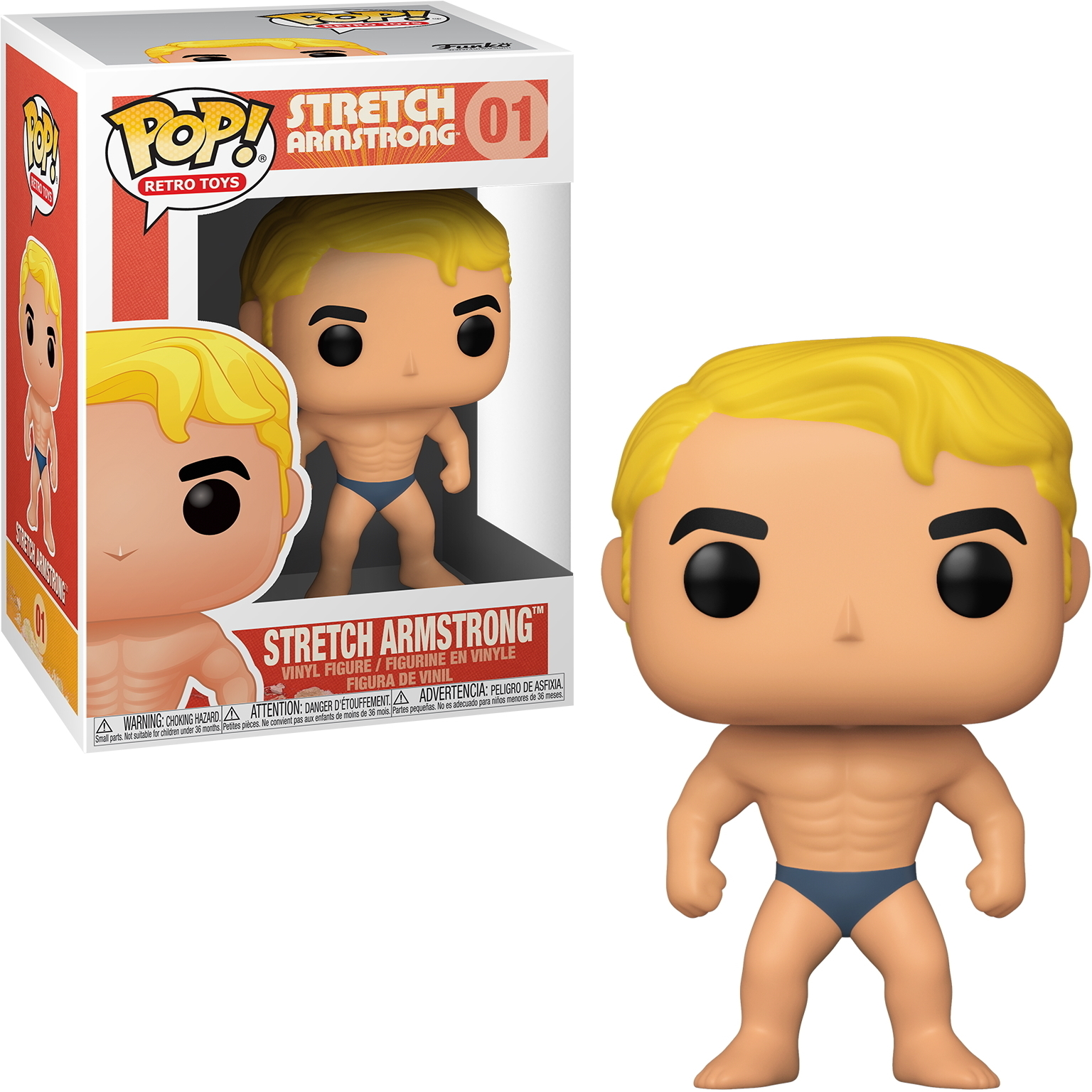 Statuina Funko Pop di Stretch Armstrong con slip blu, con la scatola, su bianco.