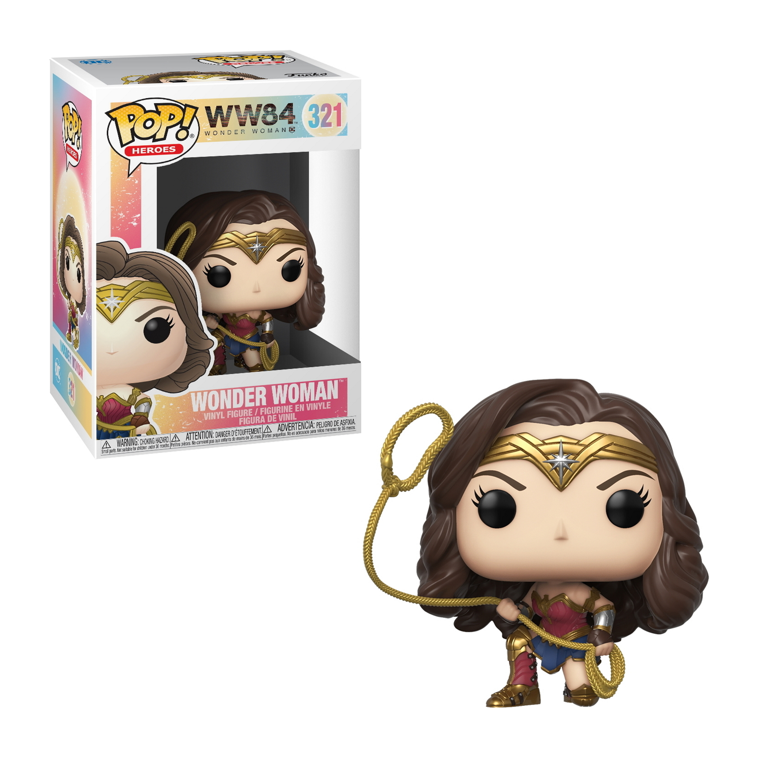 Wonder Woman Figur, die ein goldenes Lasso hält. Sie trägt ihr Kostüm und ihre Tiara.