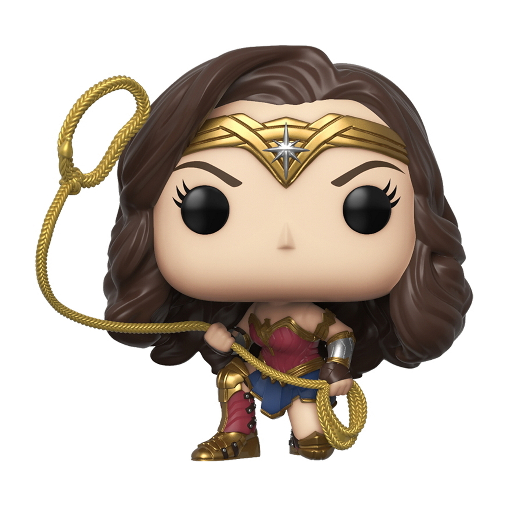 Wonder Woman Funko Pop Figur, braunes Haar, goldener Kopfschmuck, hält ein goldenes Lasso. Eingepackt.