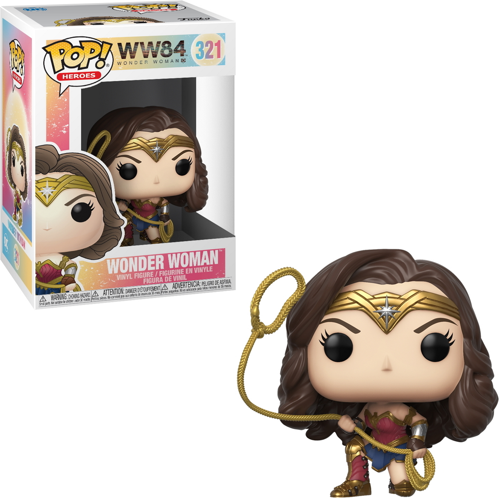 Wonder Woman Funko Pop Figur, mit Lasso und in der Box. Braune Haare, goldene Tiara, Lasso haltend.