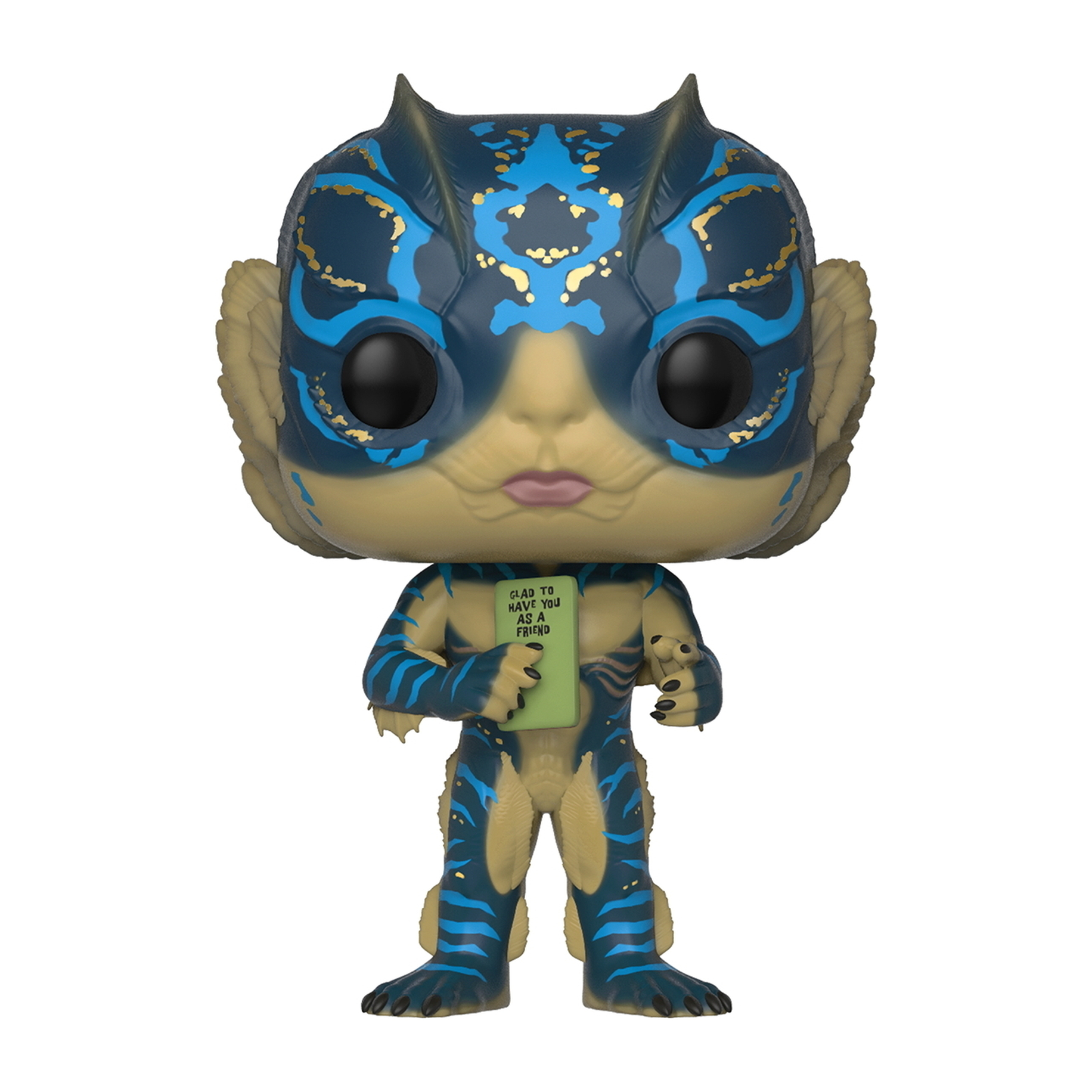 Figurka stworzenia z niebieskimi wzorami, trzymająca znak z napisem 'Glad to have you as a friend'.