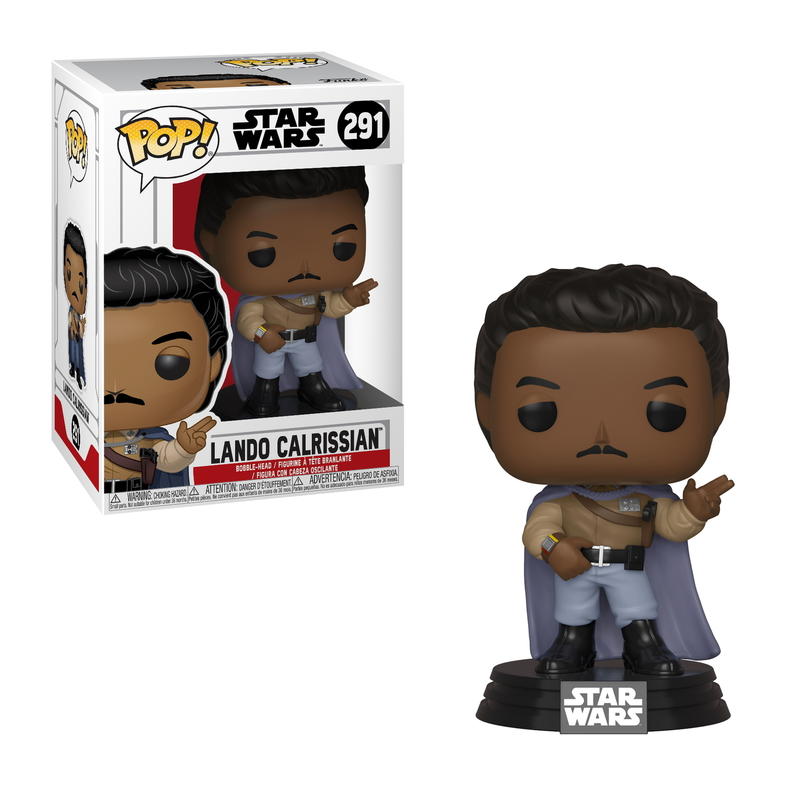 Lando Calrissian Funko Pop Figur aus Star Wars, in einer beigen Jacke und lila Umhang, zeigt.