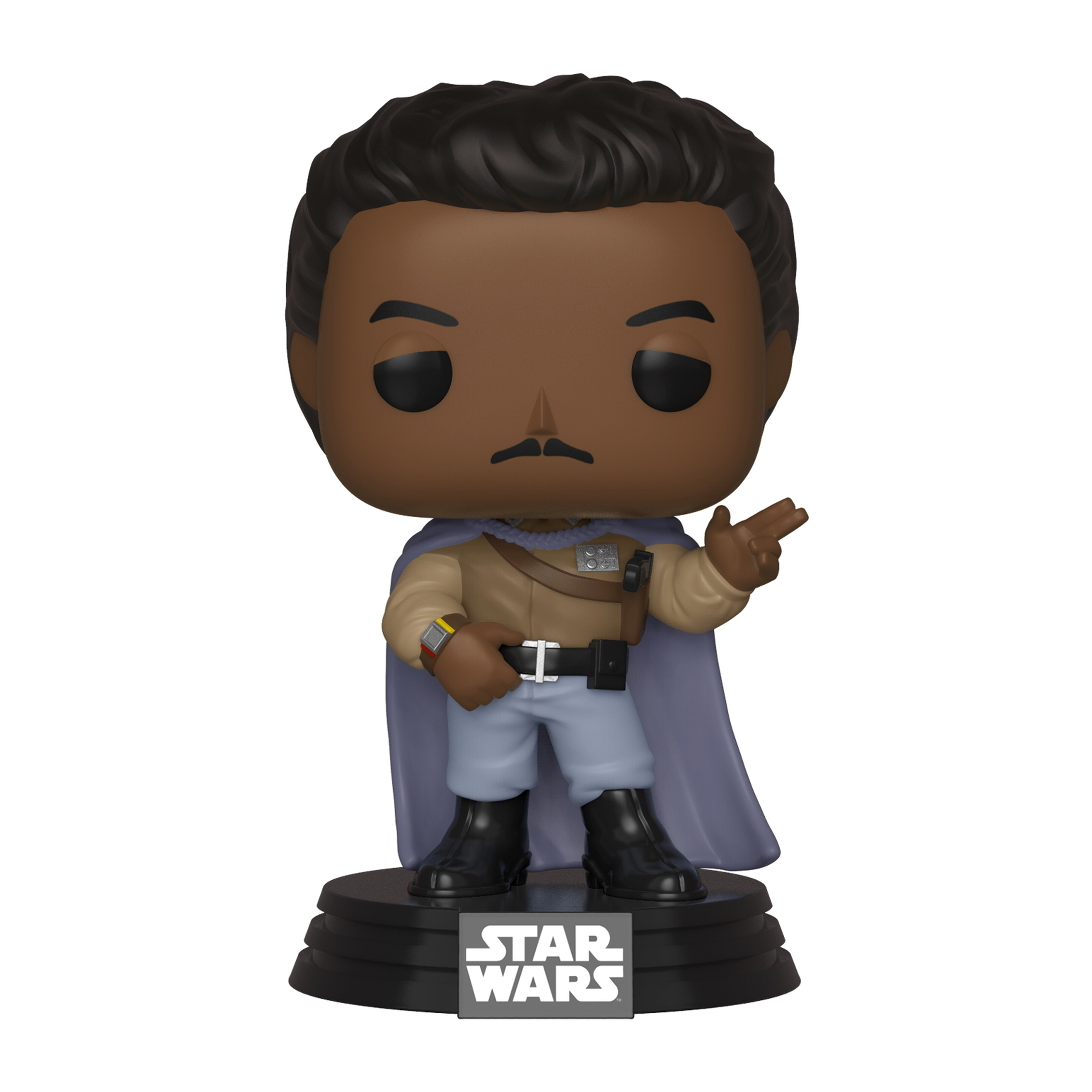 Lando Calrissian Figur mit Umhang, zeigend, stehend auf einer Basis.