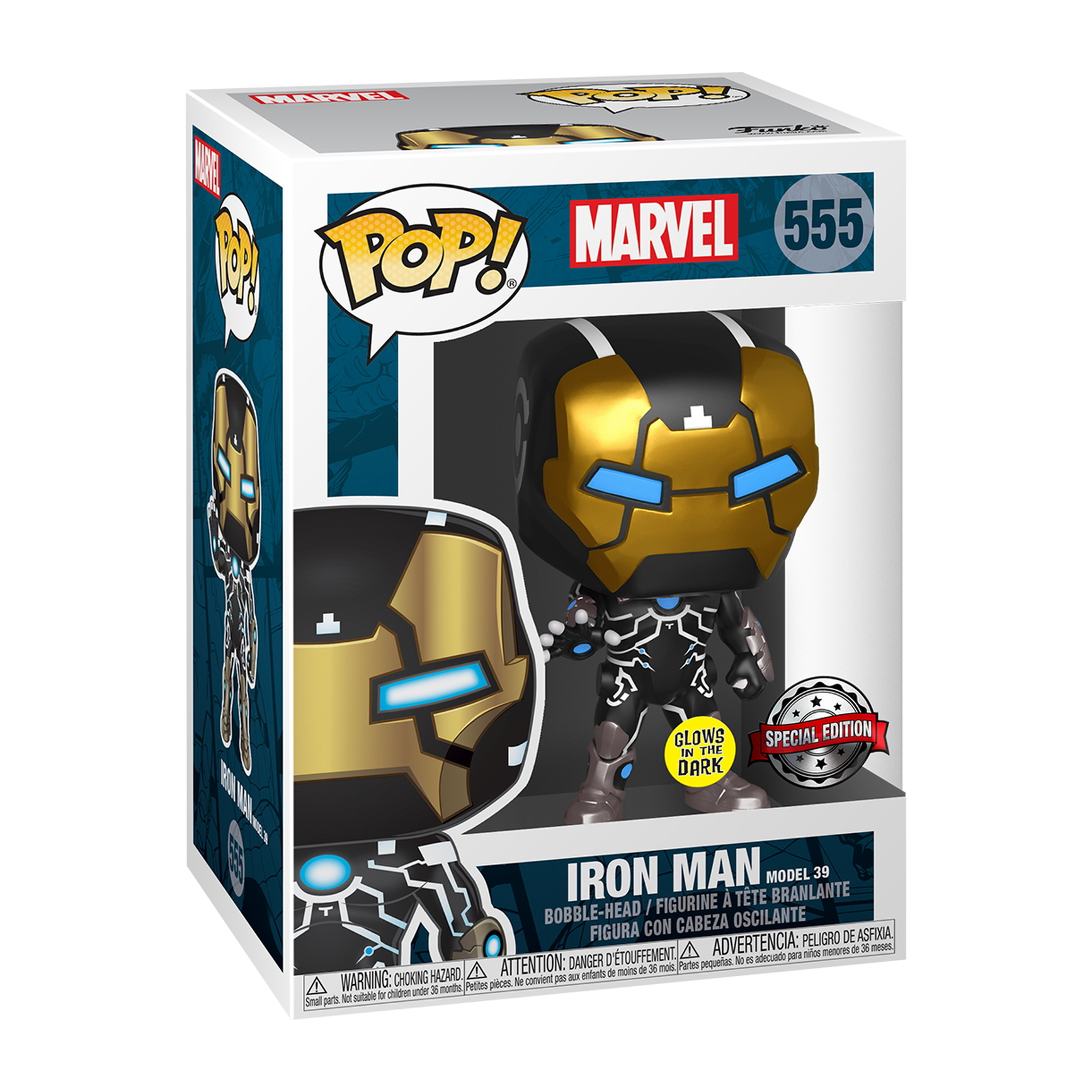 Iron Man Funko Pop Figur in Box, gold-schwarze Rüstung, blaue Augen, leuchtend.