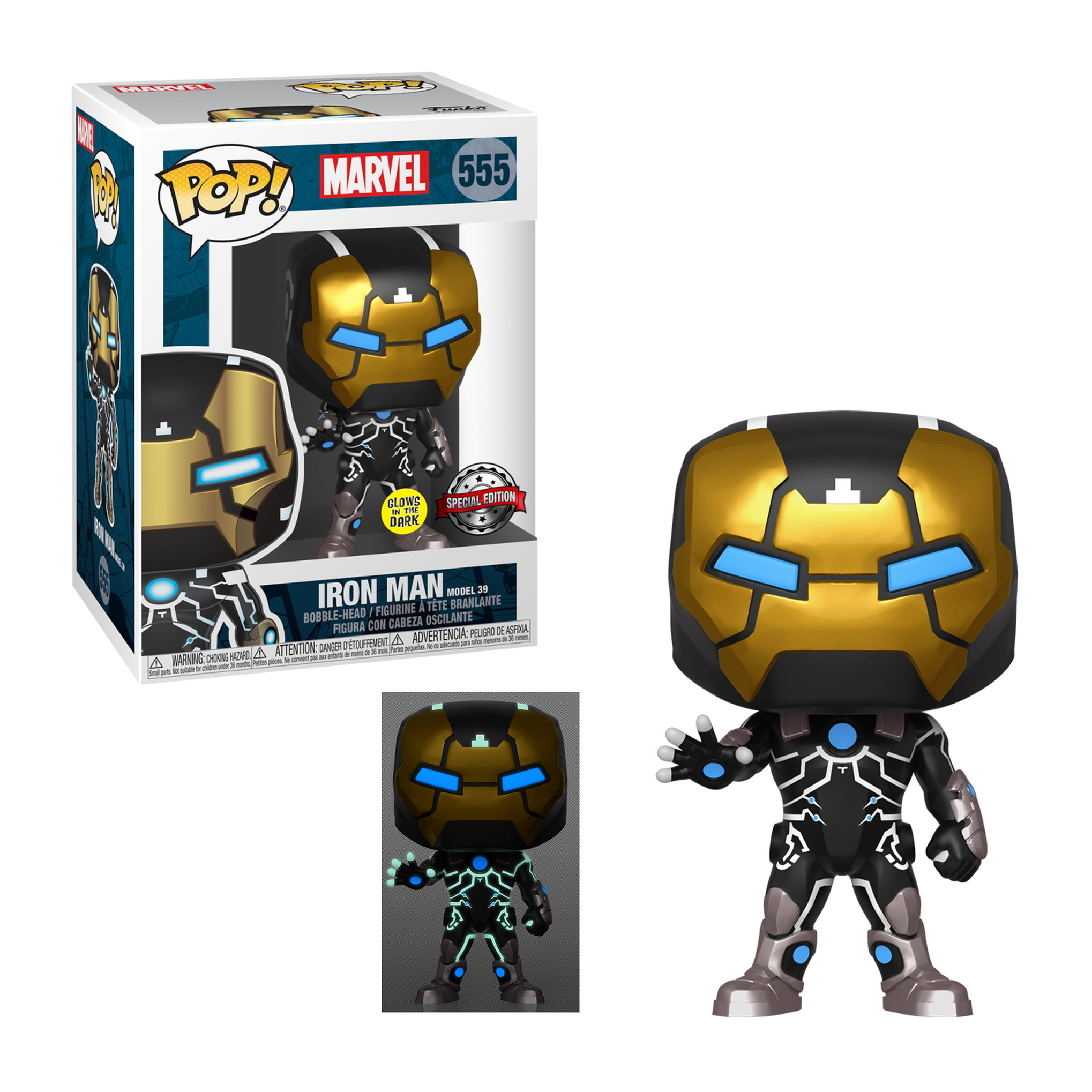 Iron Man Funko Pop in goldener und schwarzer Rüstung, leuchtende Details, in Box.