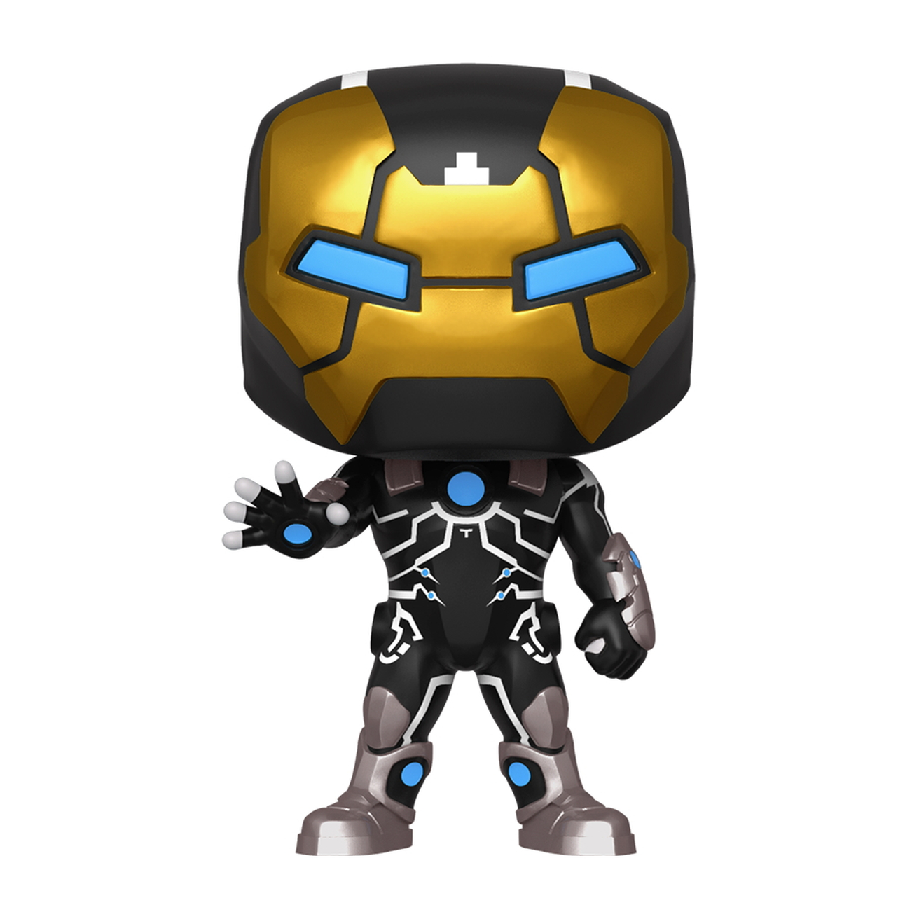 Iron Man Funko Pop Figur. Goldene und schwarze Rüstung, blaue Akzente. Box ist abgebildet.