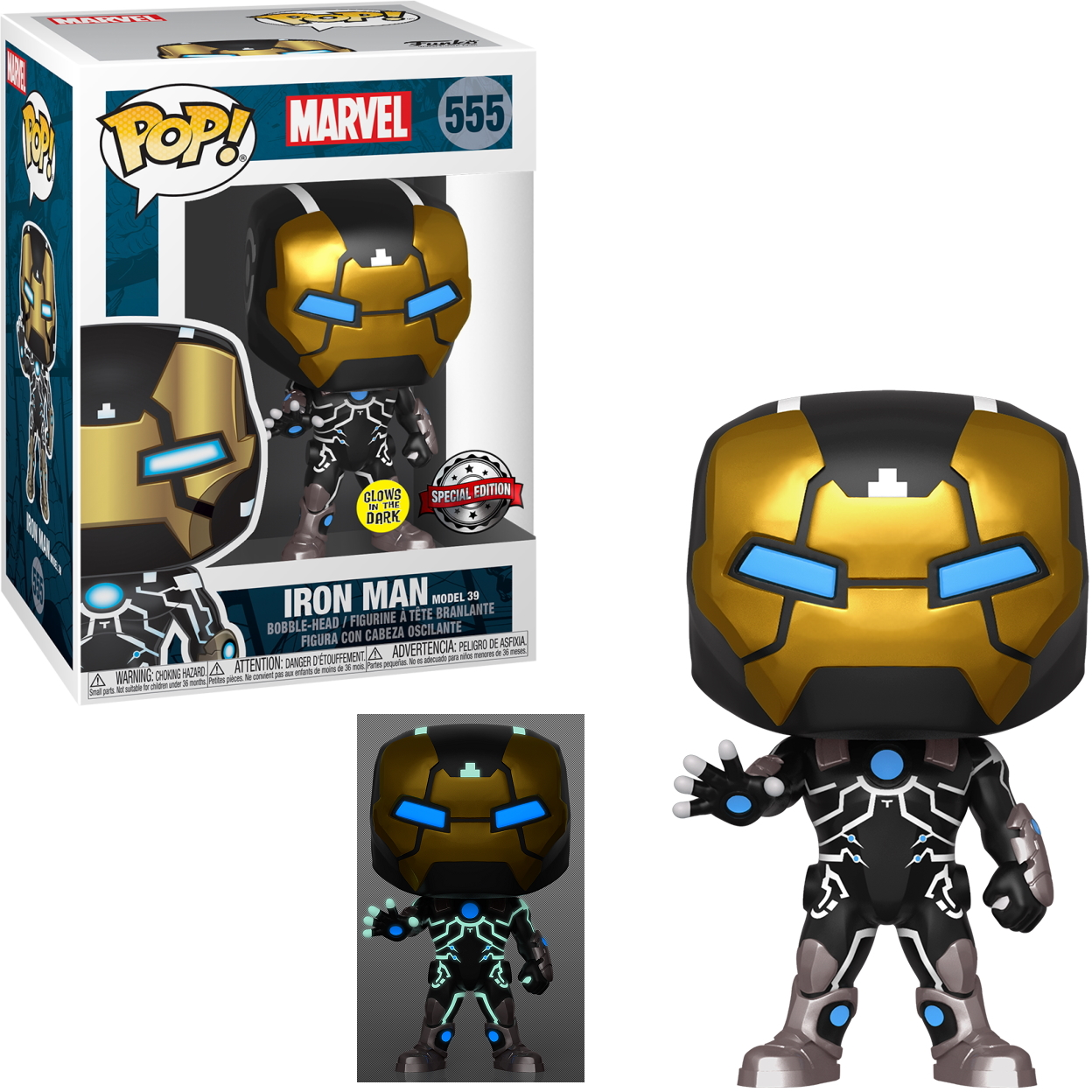 Iron Man Funko Pop Figur, gold-schwarze Rüstung, blaue Details, in der Box.