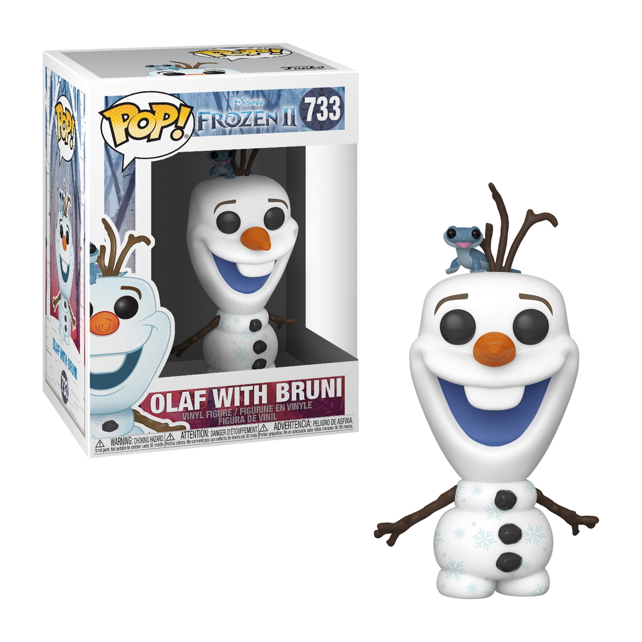 Figurka Funko Pop Olaf z Brunim. Olaf jest biały, Bruni niebieski, obaj na pudełku.