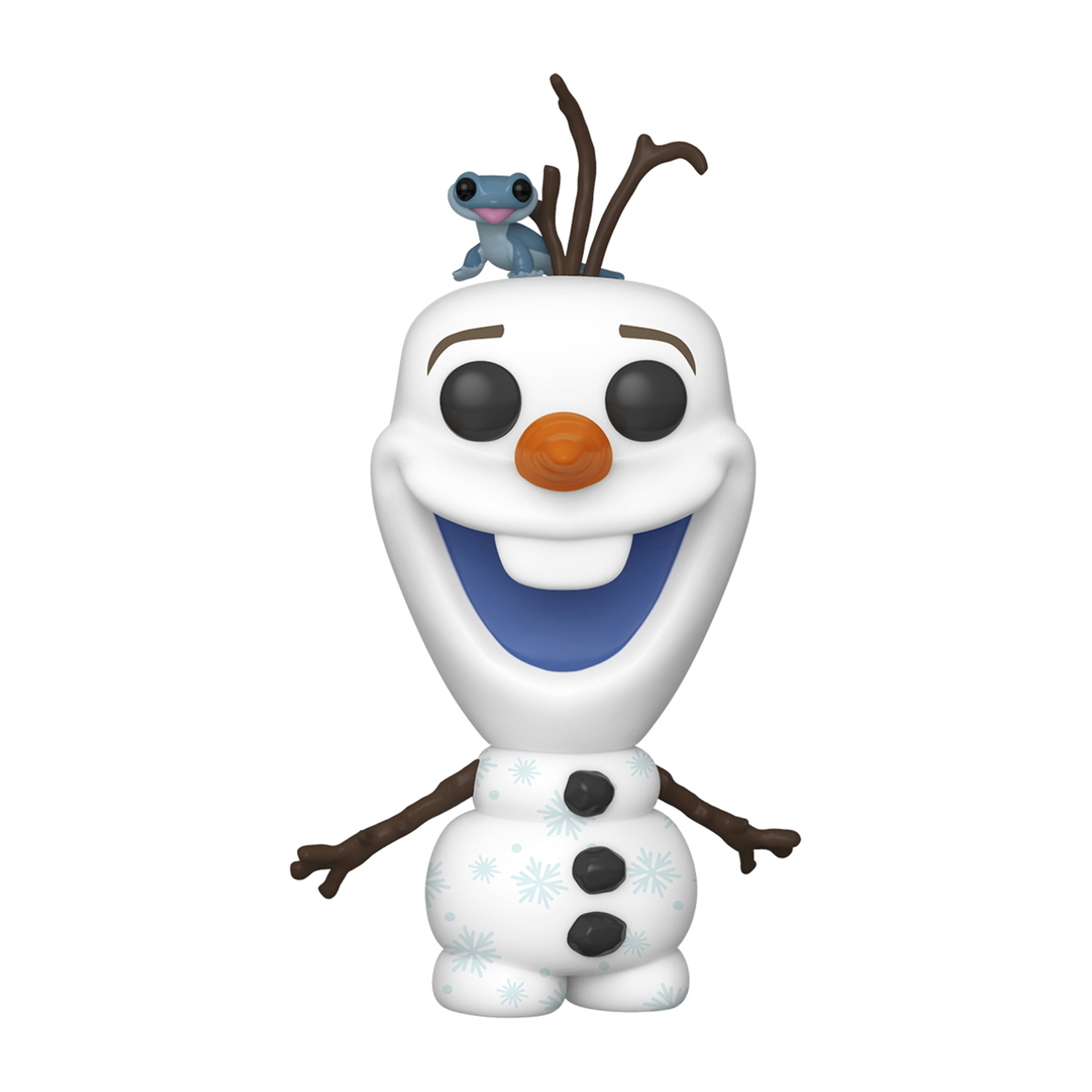 Figurka Olafa bałwana Funko Pop, z małą niebieską istotą na głowie. Białe tło.