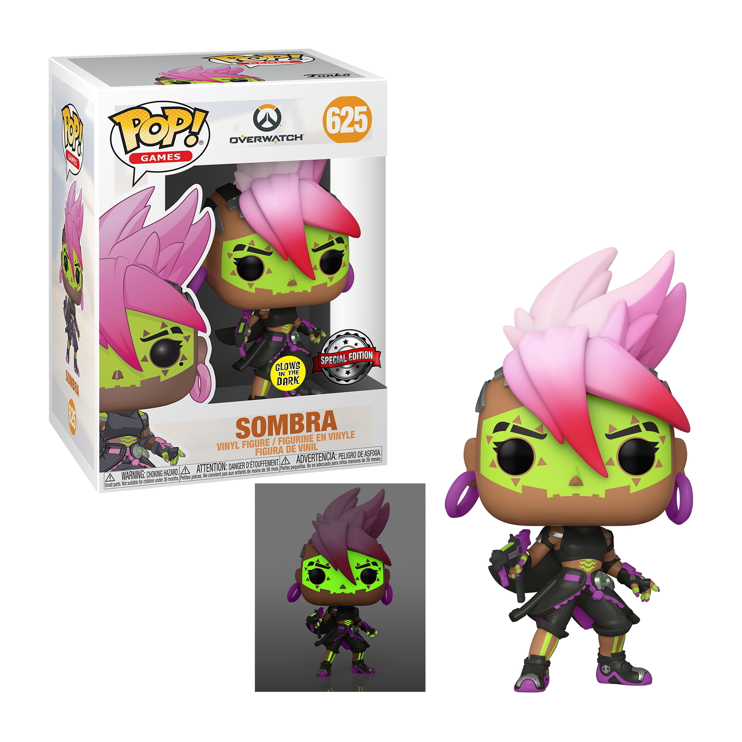 Sombra Overwatch Pop-Figur in einer Box, mit pinken und grünen Haaren.