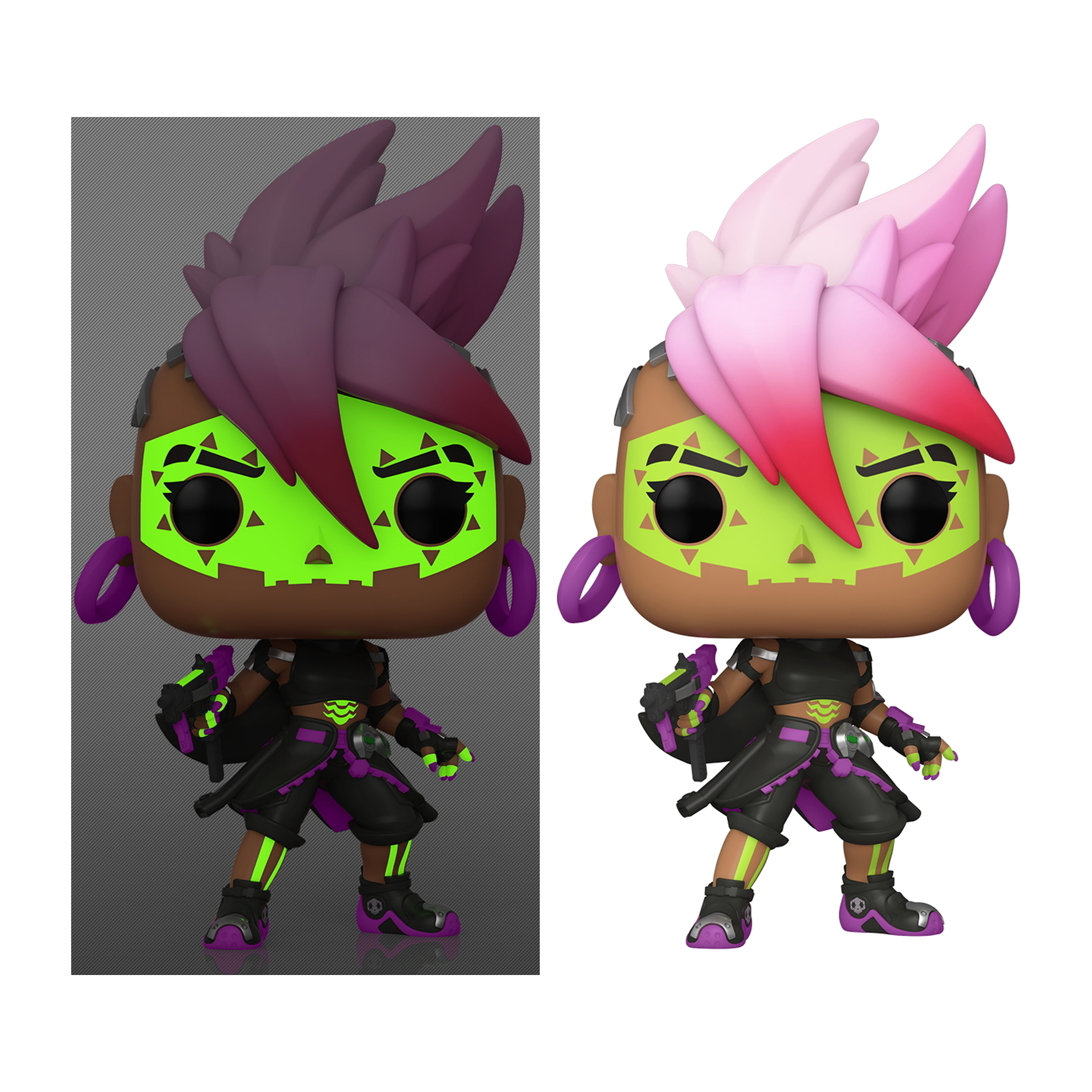 Eine Funko Pop Figur eines weiblichen Charakters mit zwei verschiedenen Gesichtsarten, eine leuchtend.