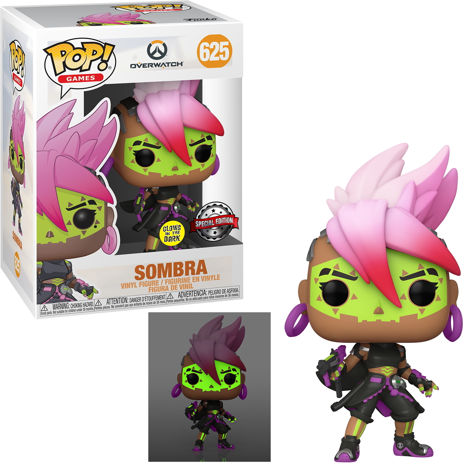 Sombra Funko Pop Figur. Lila Haare, grüne Maske, schwarzes Outfit. Leuchtet im Dunkeln.