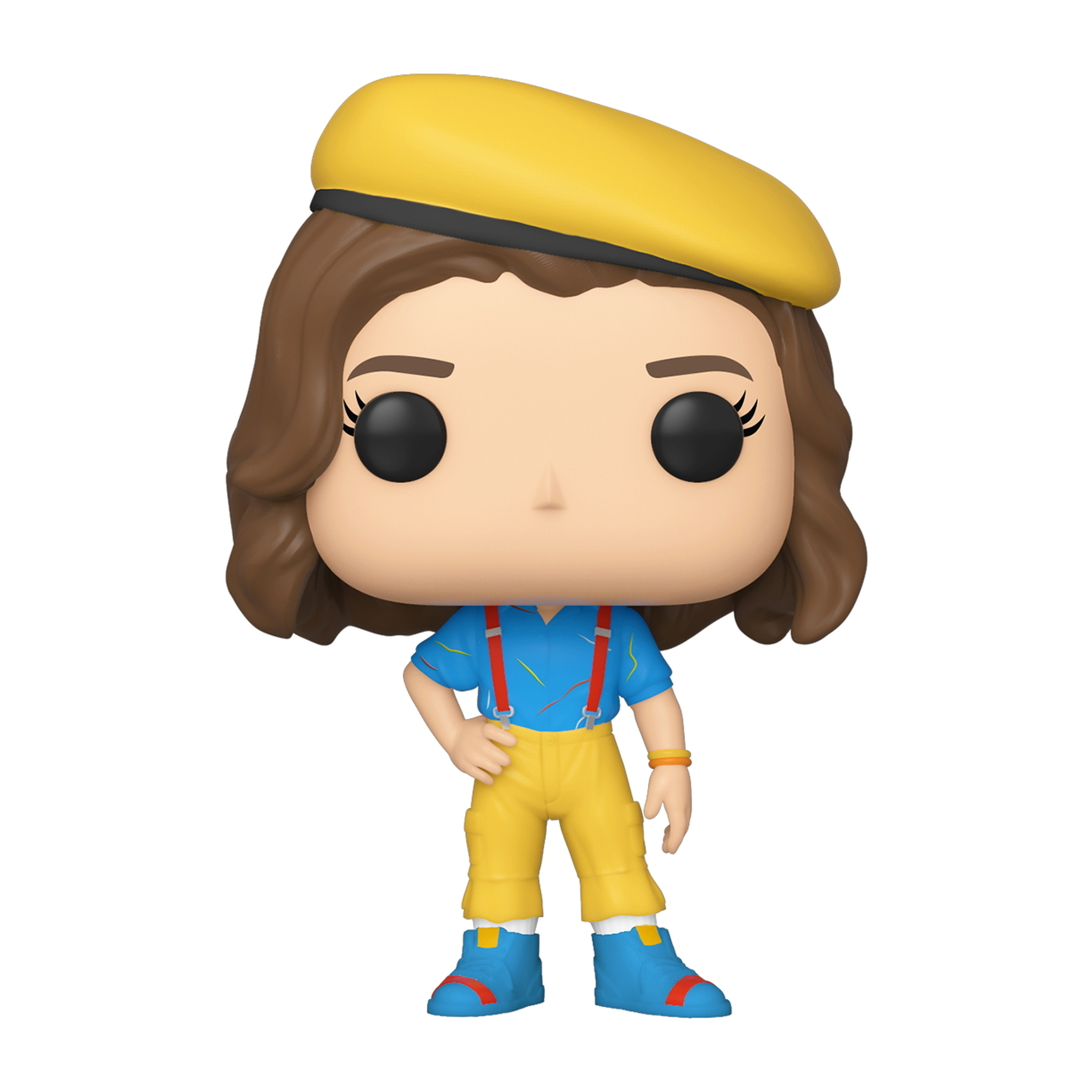 Eleven aus Stranger Things Funko Pop. Mädchen mit gelber Baskenmütze und Hosenträgern, Arme an der Seite.
