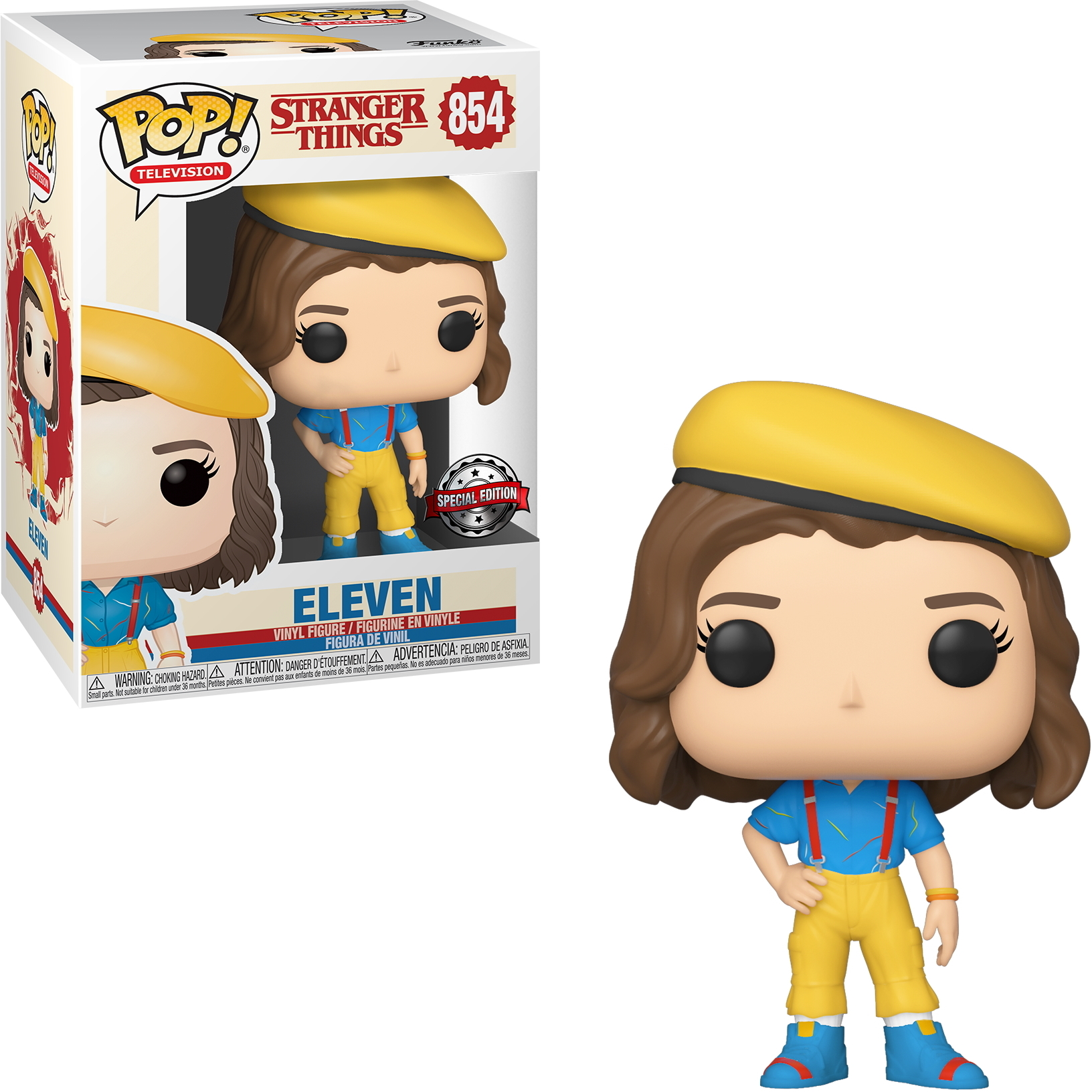Eleven aus Stranger Things Funko Pop-Figur mit gelber Baskenmütze und blauem Overall.