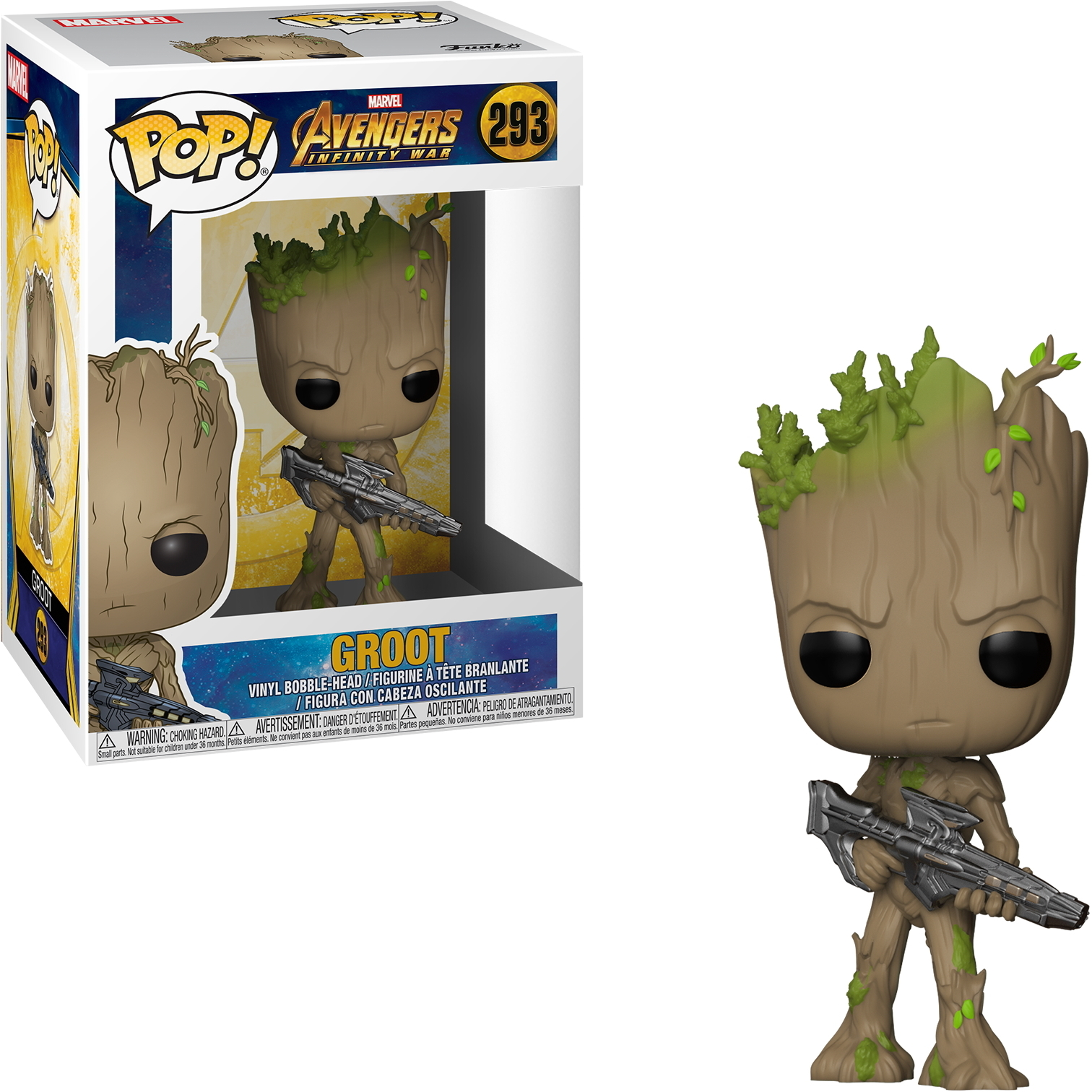 Figurka Groota trzymająca broń, brązowe ciało z zielonym mchem, w pudełku. Pudełko zawiera wizerunek Groota.